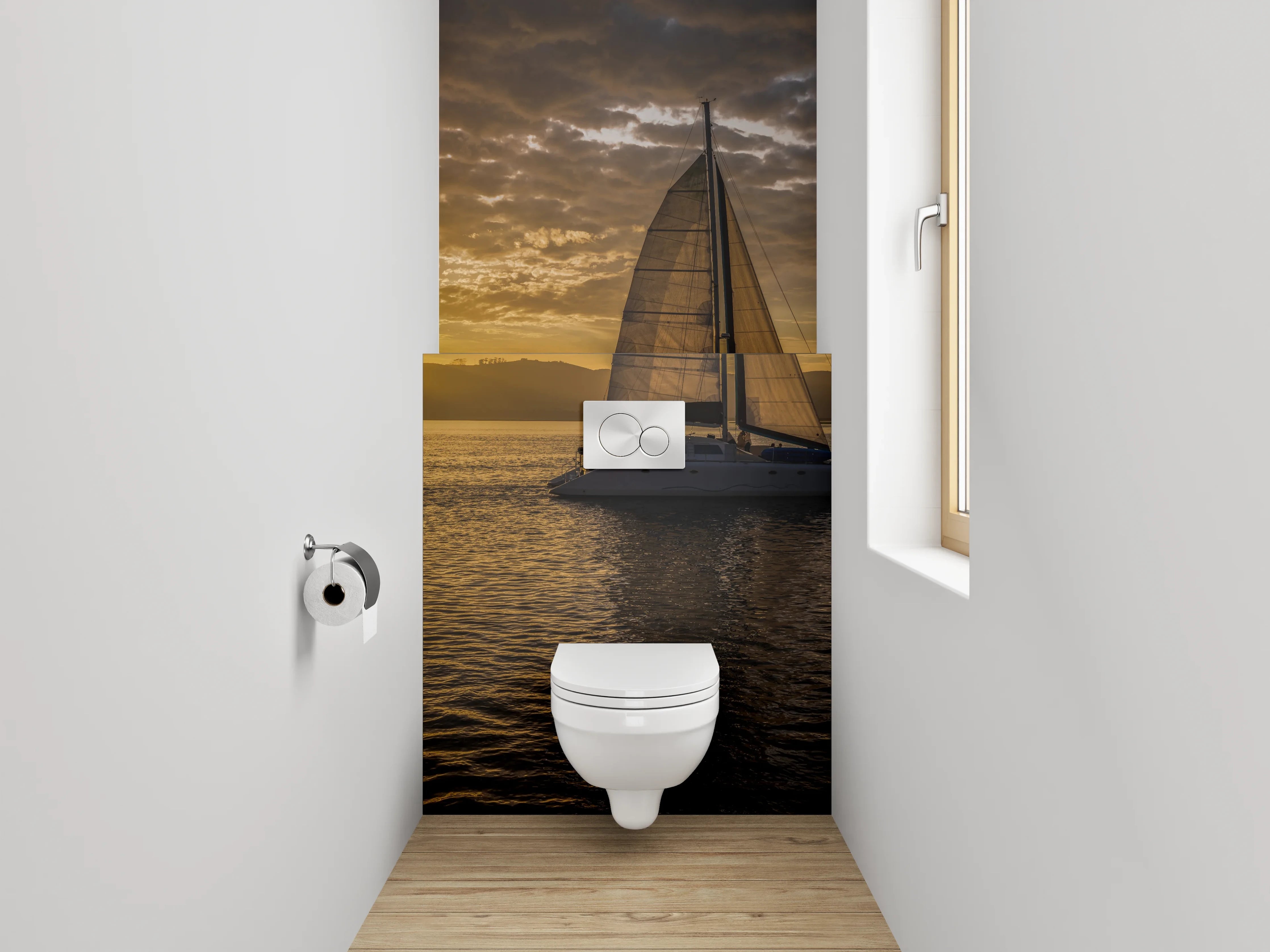 WC-Rückwand - Segelboot bei Sonnenuntergang Panorama