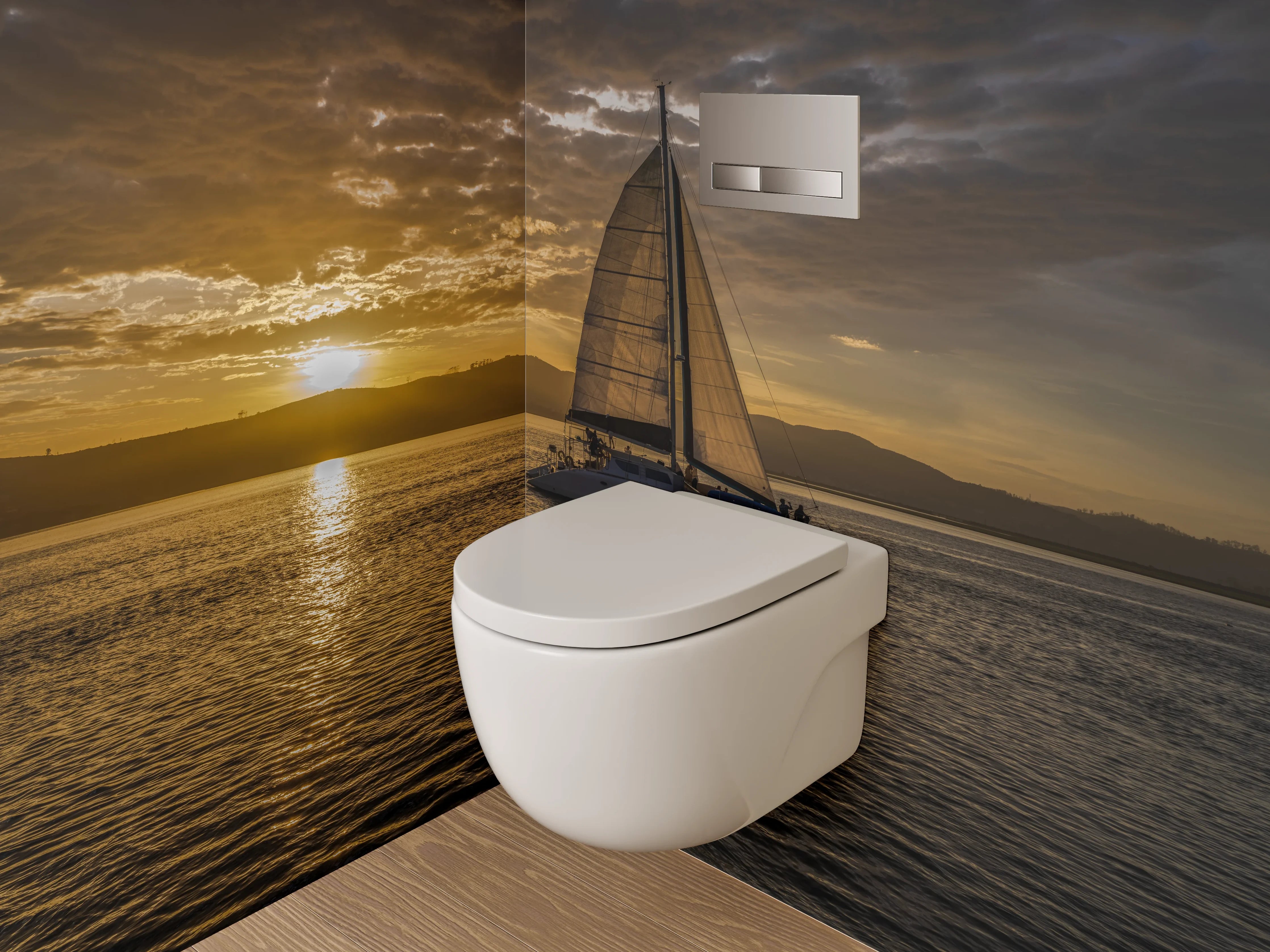 WC-Rückwand - Segelboot bei Sonnenuntergang Panorama