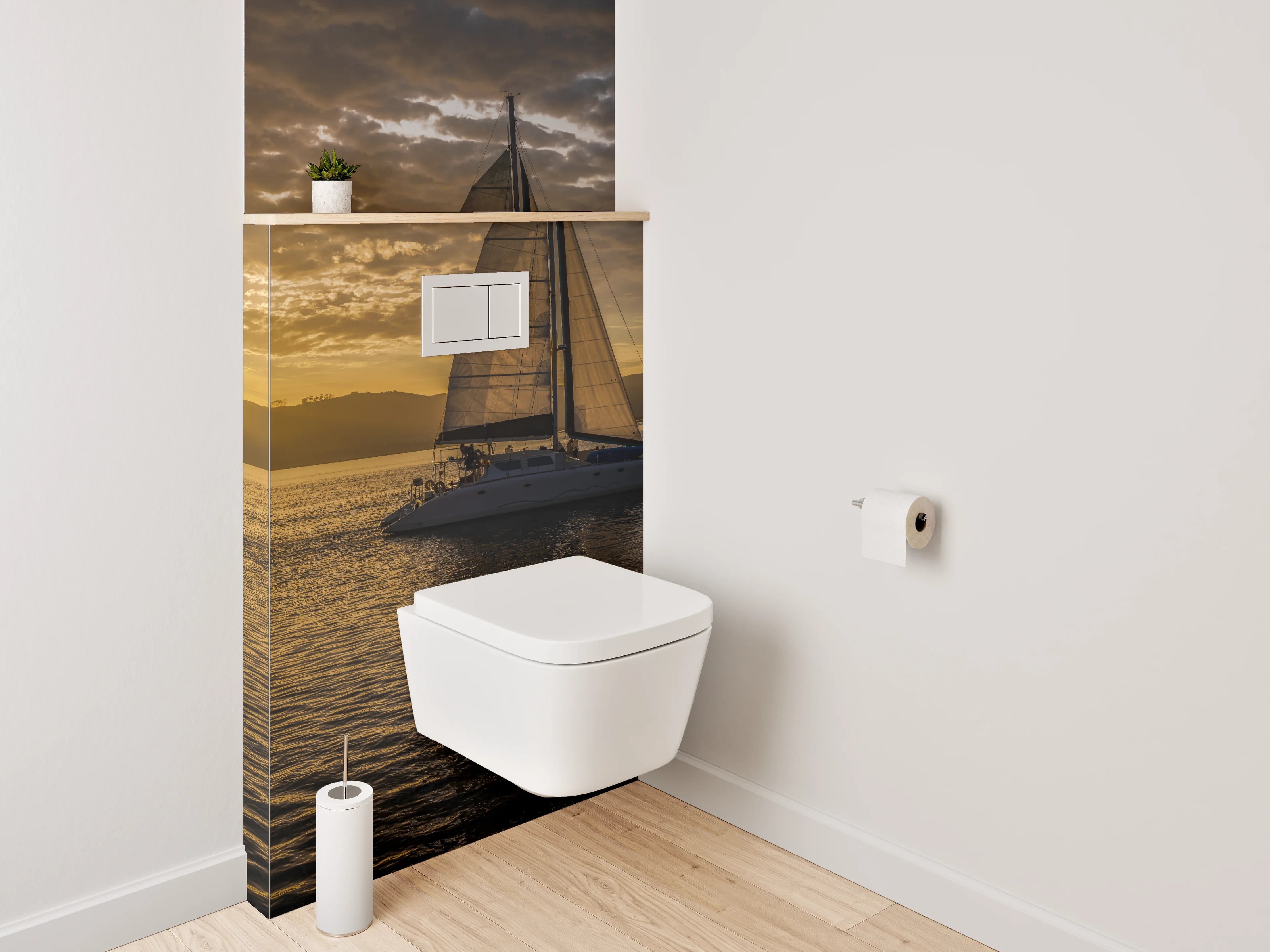 WC-Rückwand - Segelboot bei Sonnenuntergang Panorama