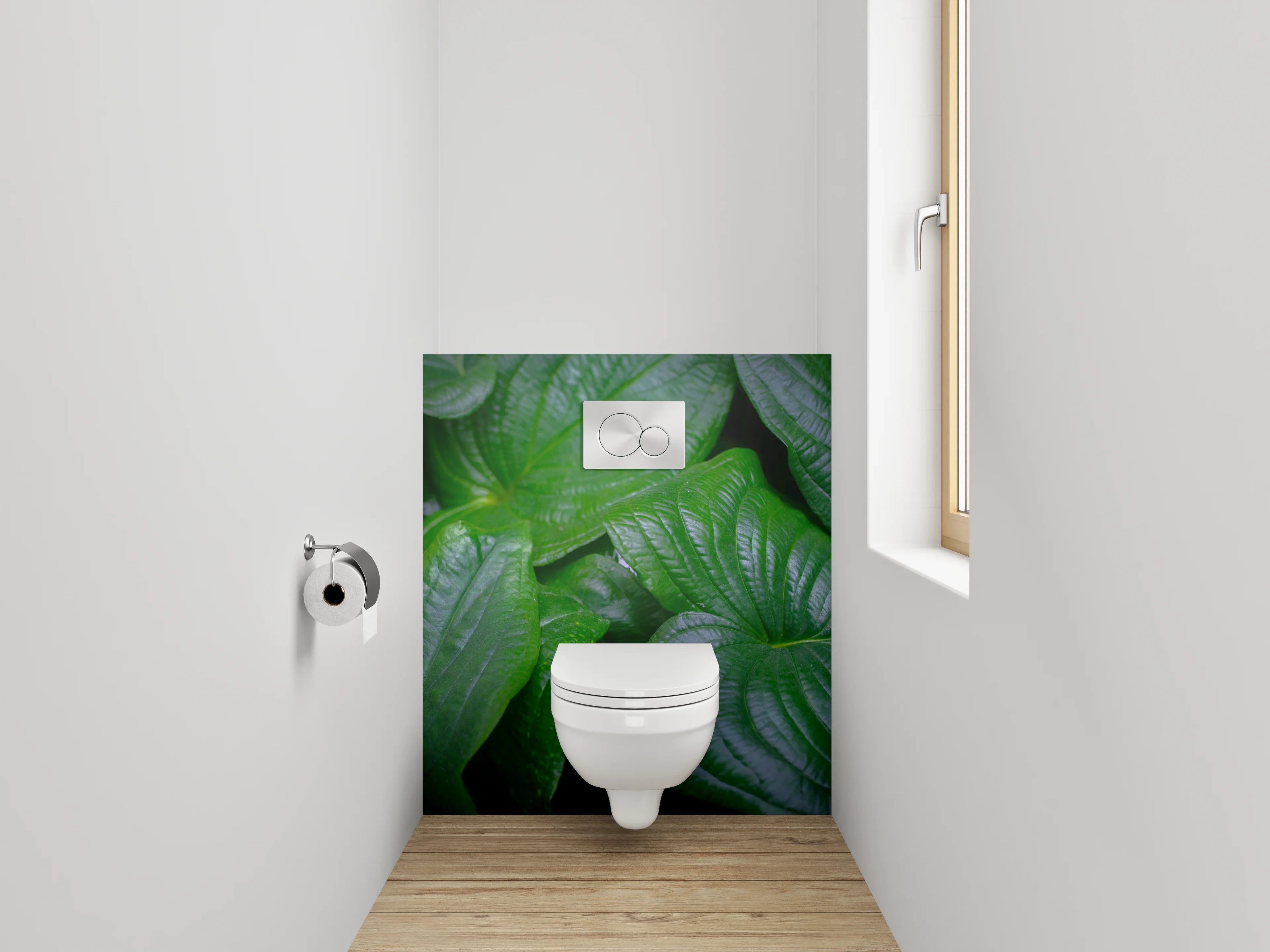 WC-Rückwand - Silbergraue Blätter auf Weiß
