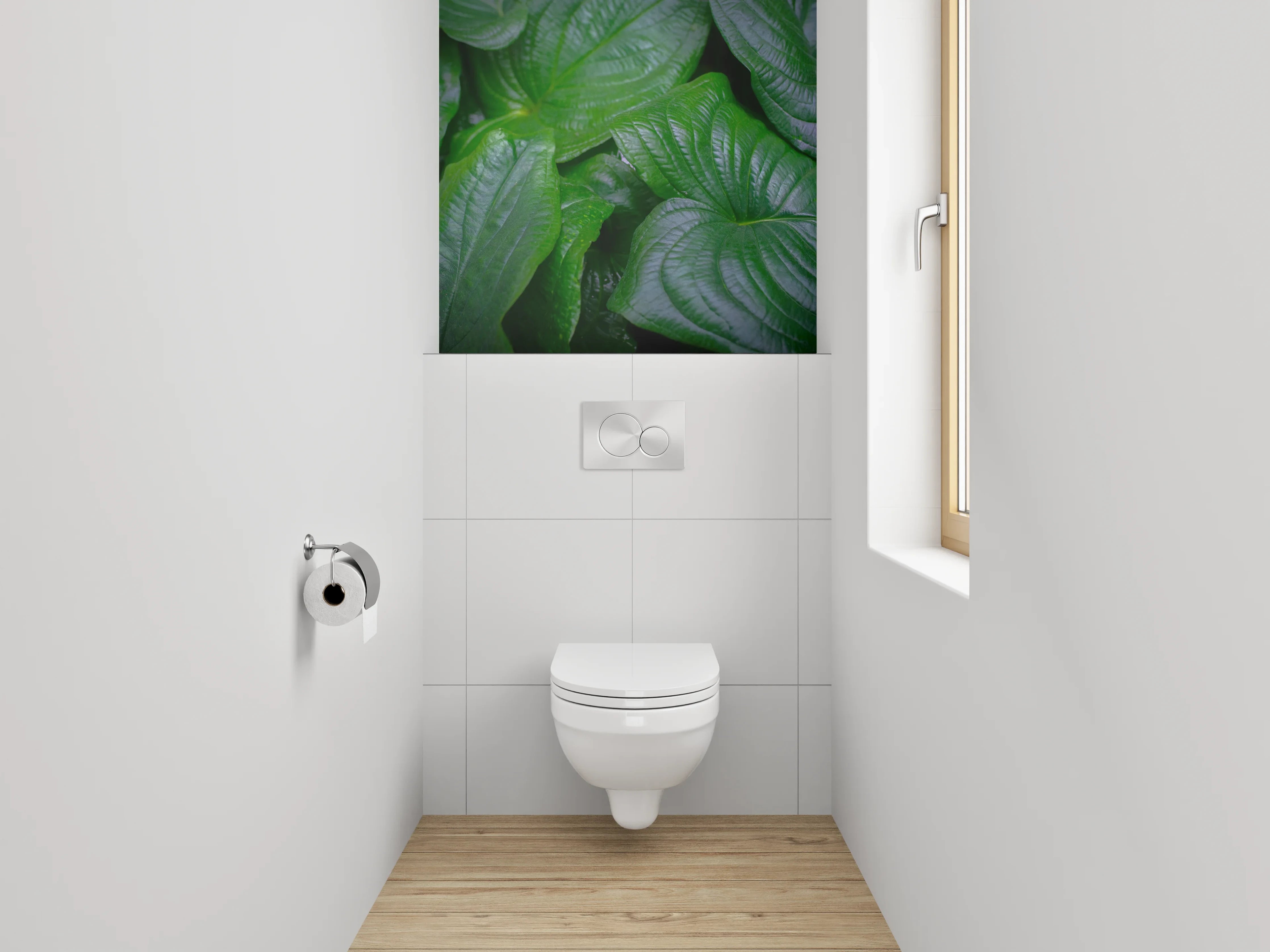 WC-Rückwand - Silbergraue Blätter auf Weiß