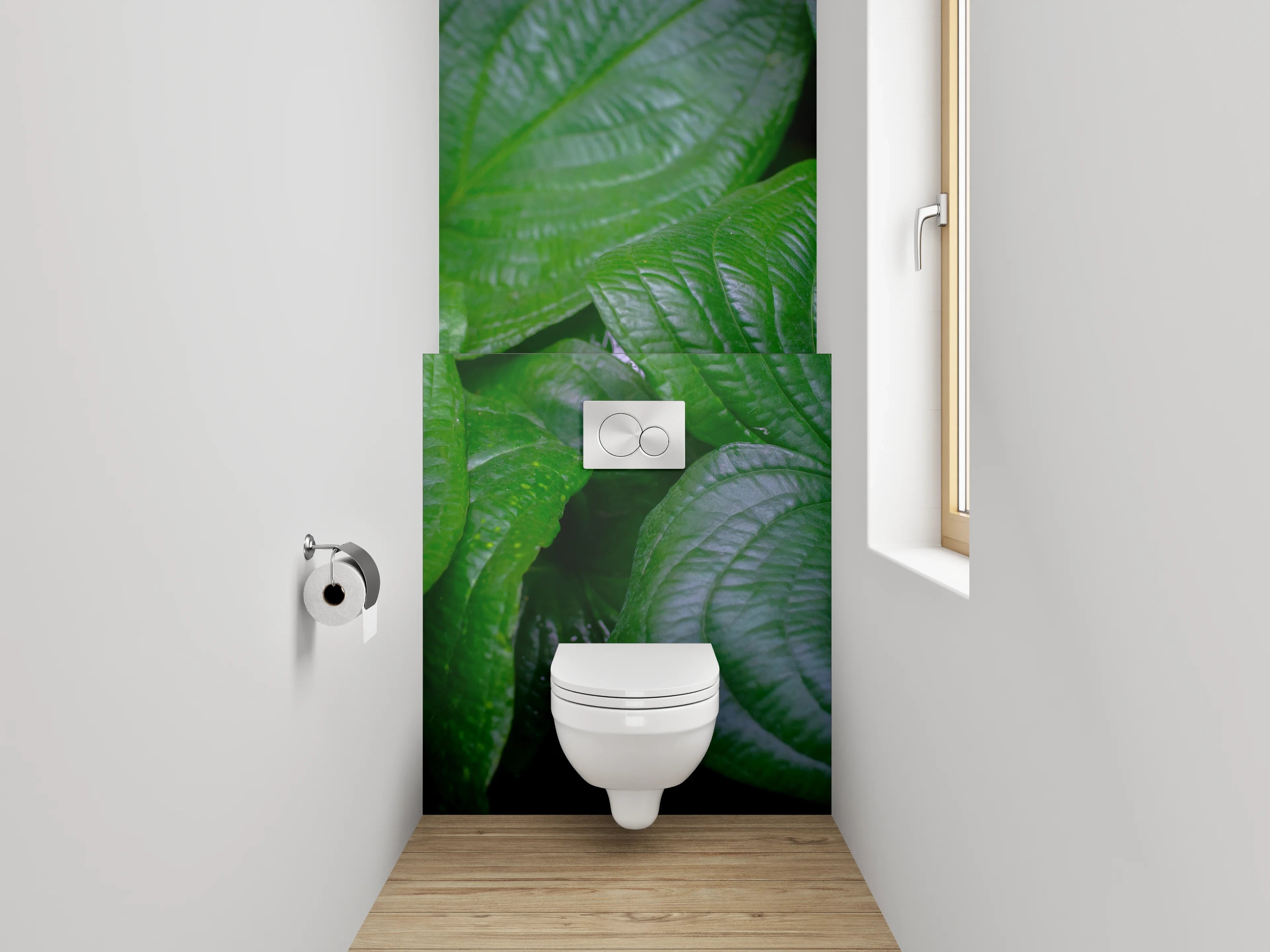WC-Rückwand - Silbergraue Blätter auf Weiß