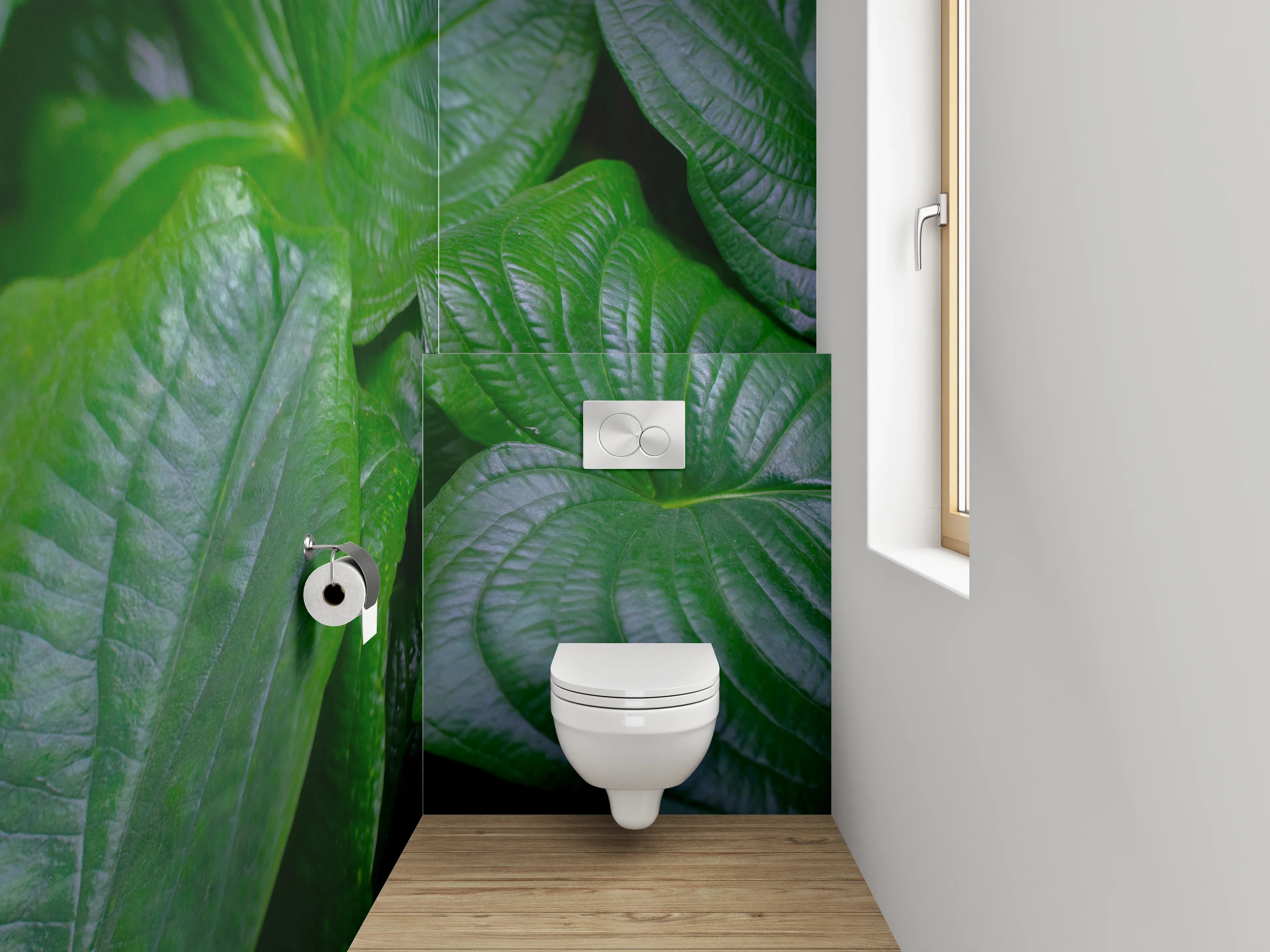 WC-Rückwand - Silbergraue Blätter auf Weiß