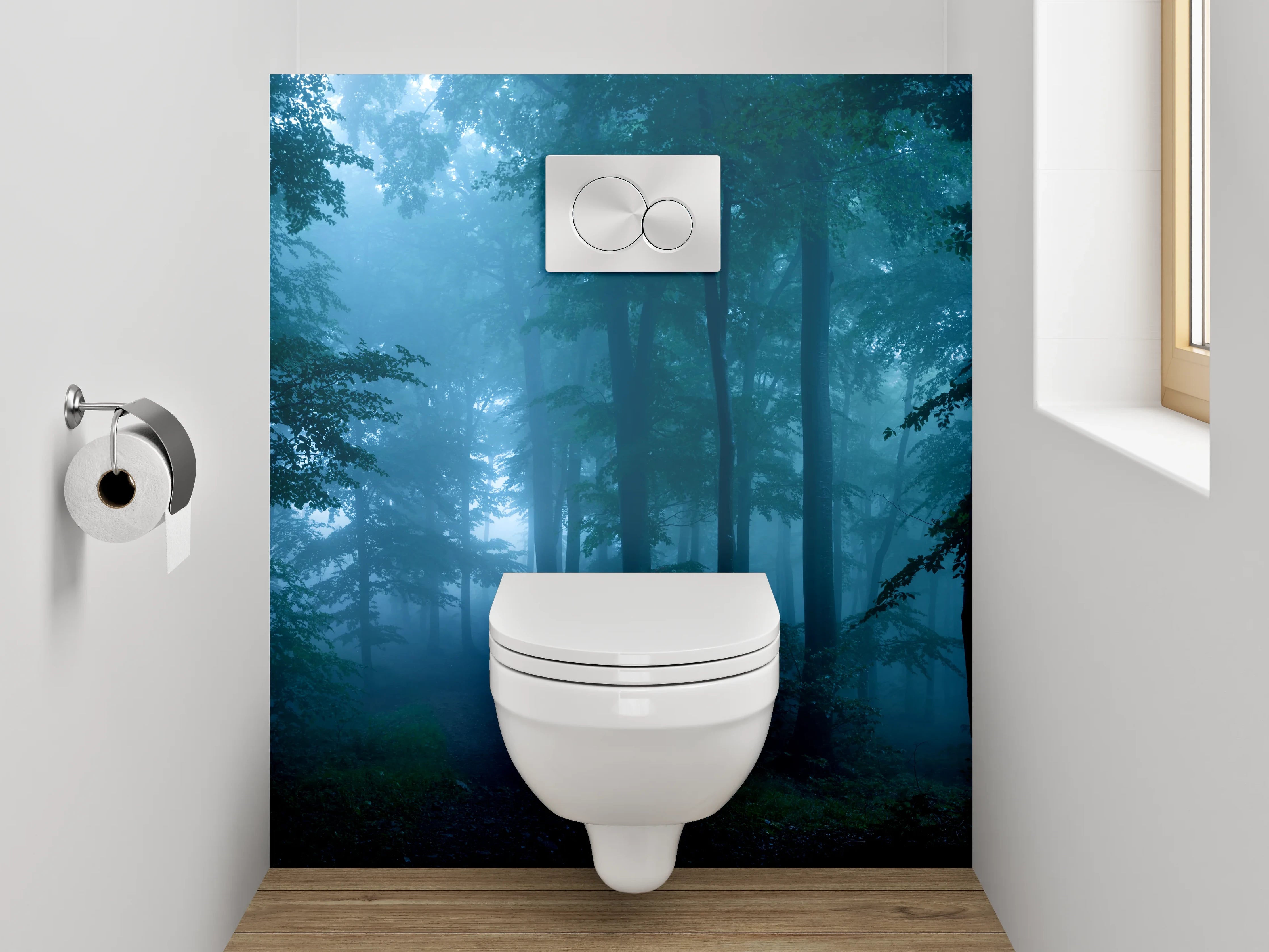 WC-Rückwand - Silbergraue Nebelschleier im Zauberwald