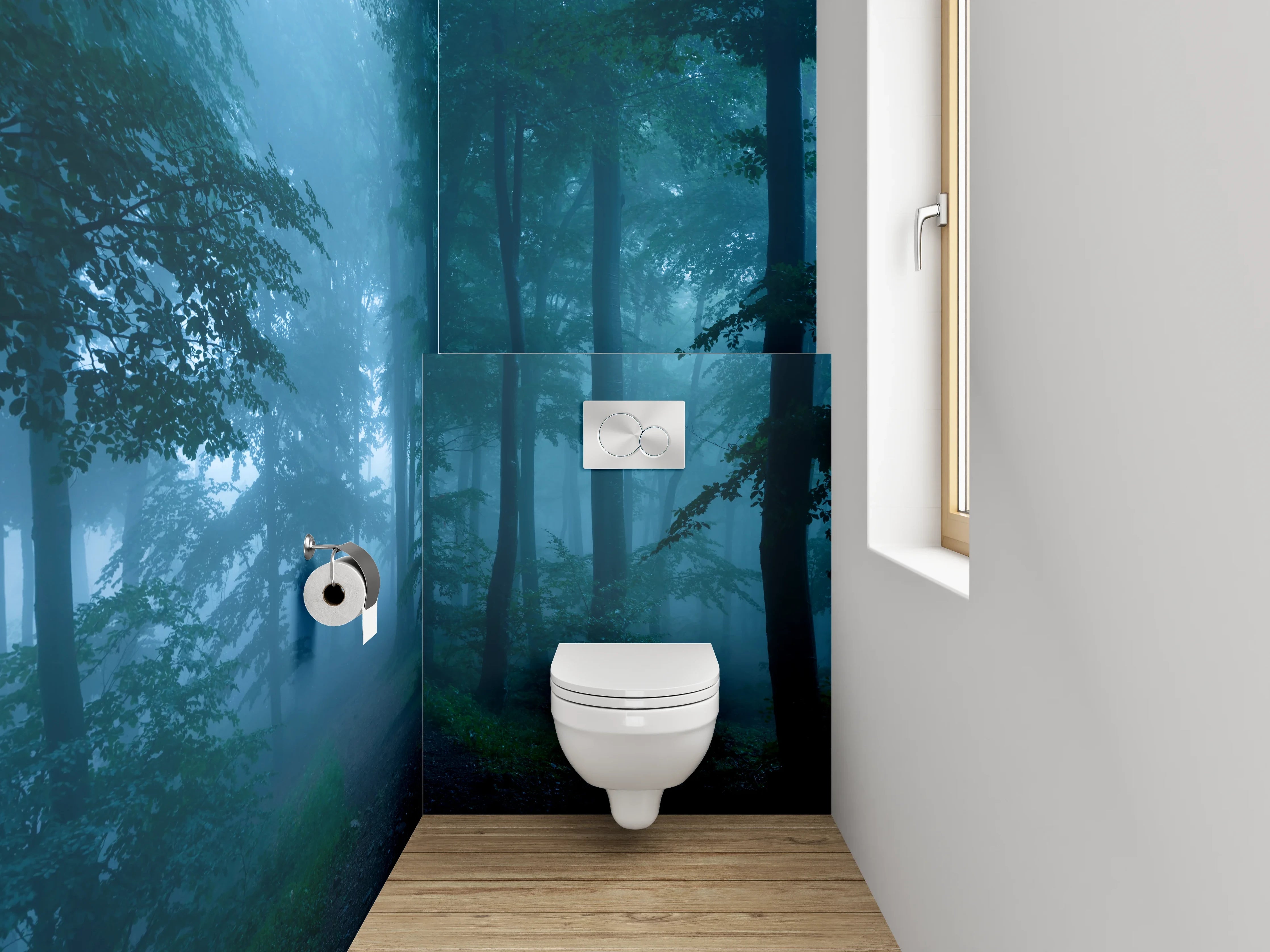 WC-Rückwand - Silbergraue Nebelschleier im Zauberwald