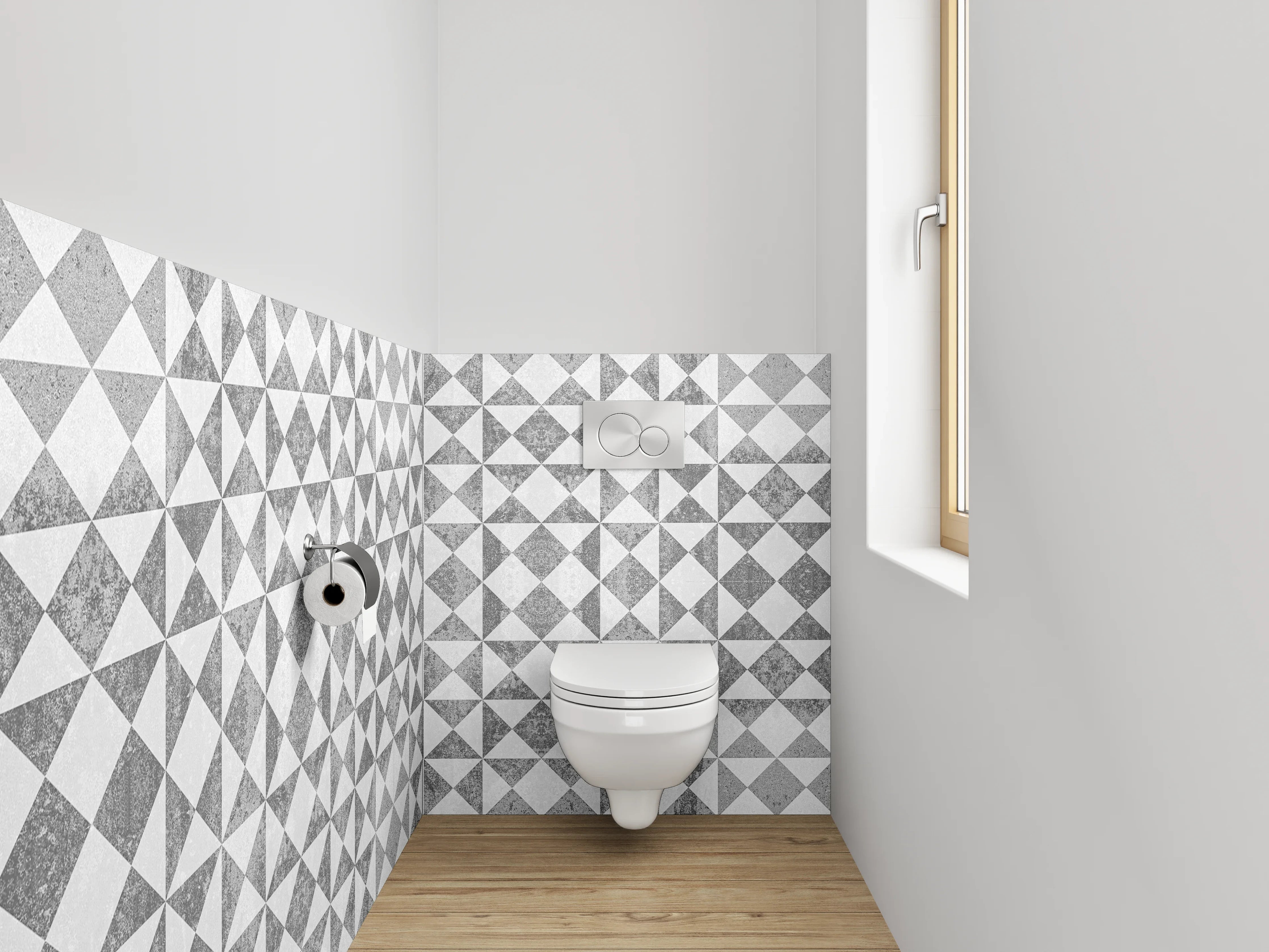 WC-Rückwand - Silbergraue Ornamente auf weißem Grund