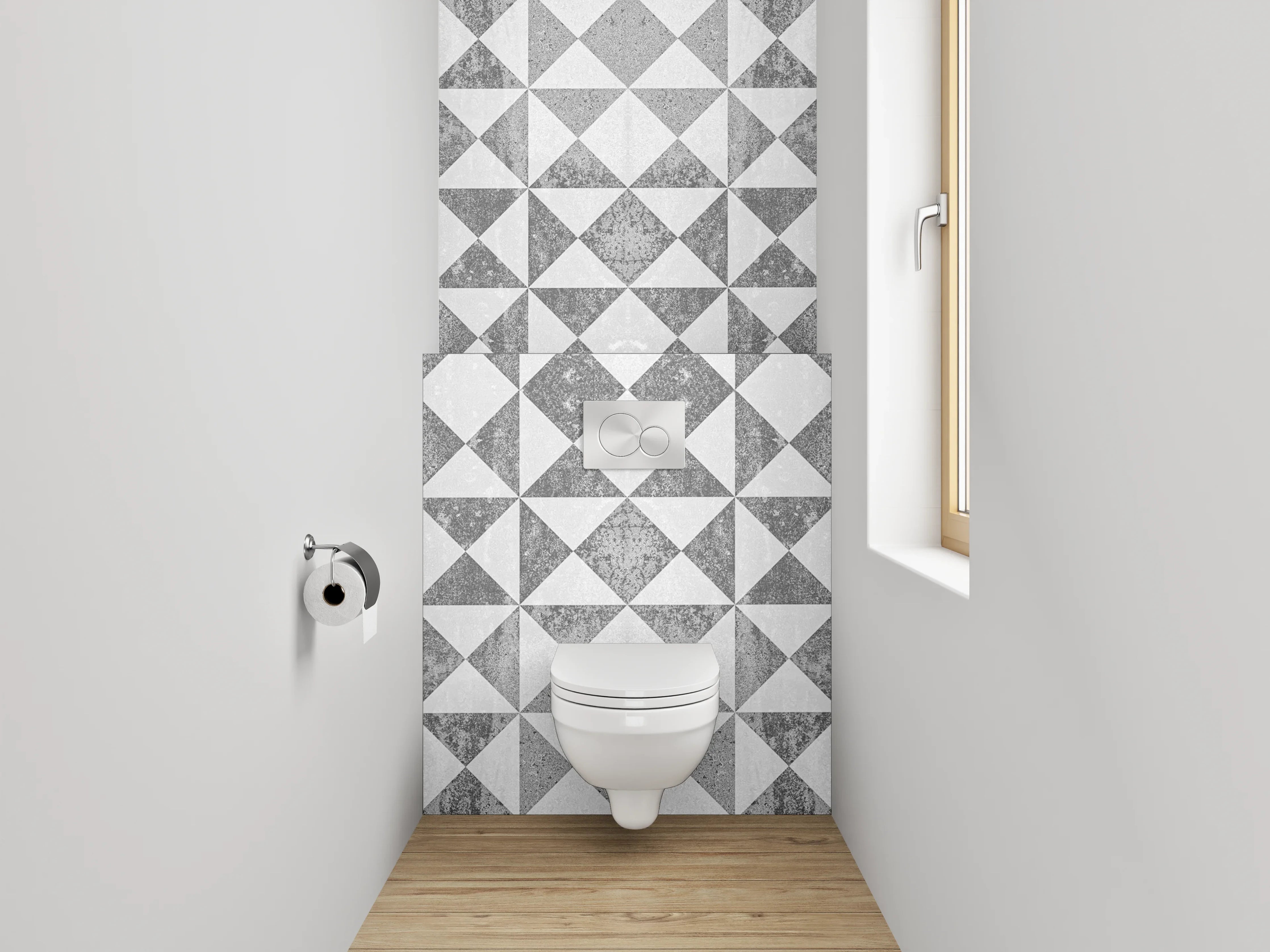 WC-Rückwand - Silbergraue Ornamente auf weißem Grund