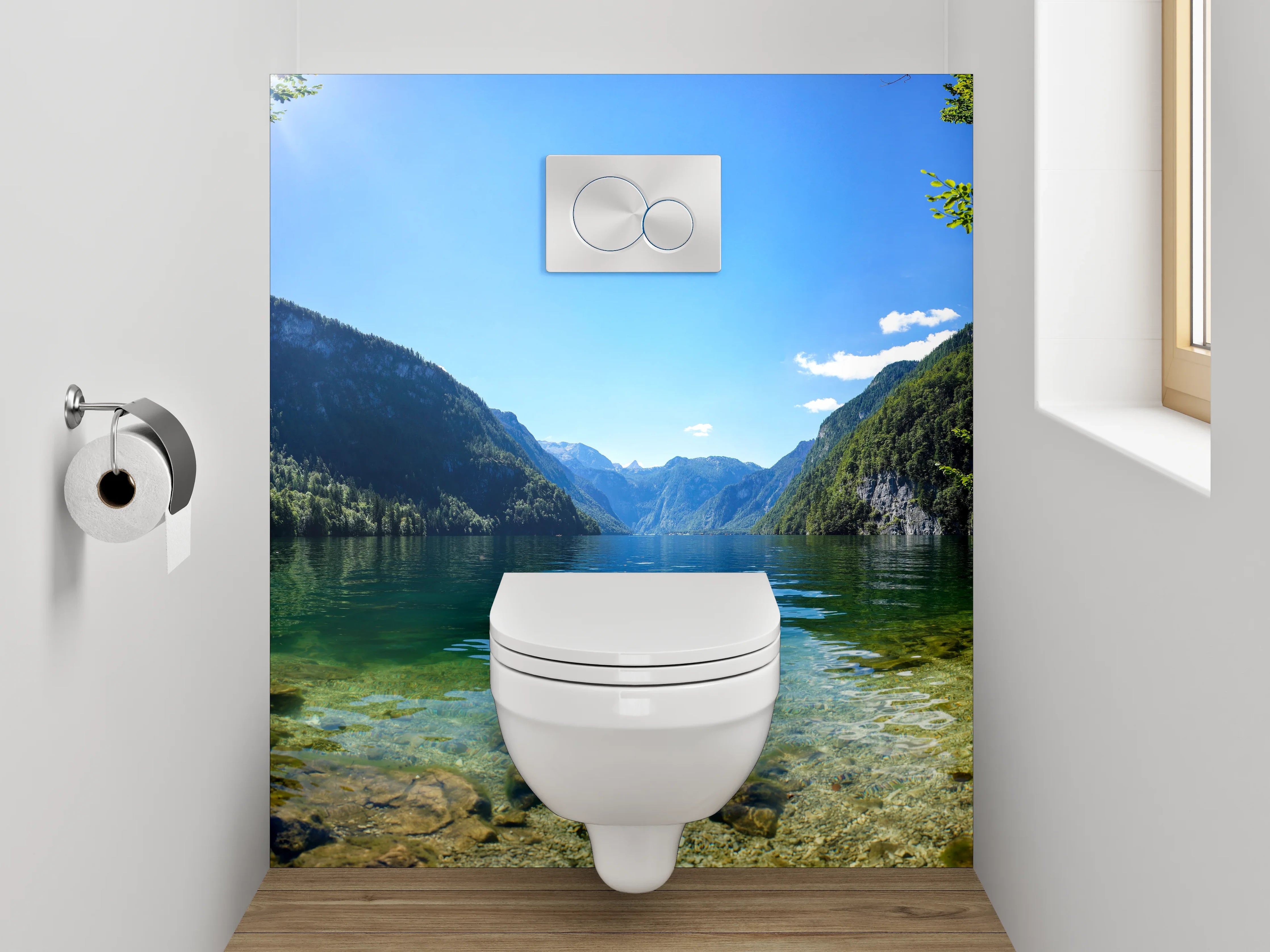 WC-Rückwand - Silbergraues Alpenglitzern im Morgenlicht