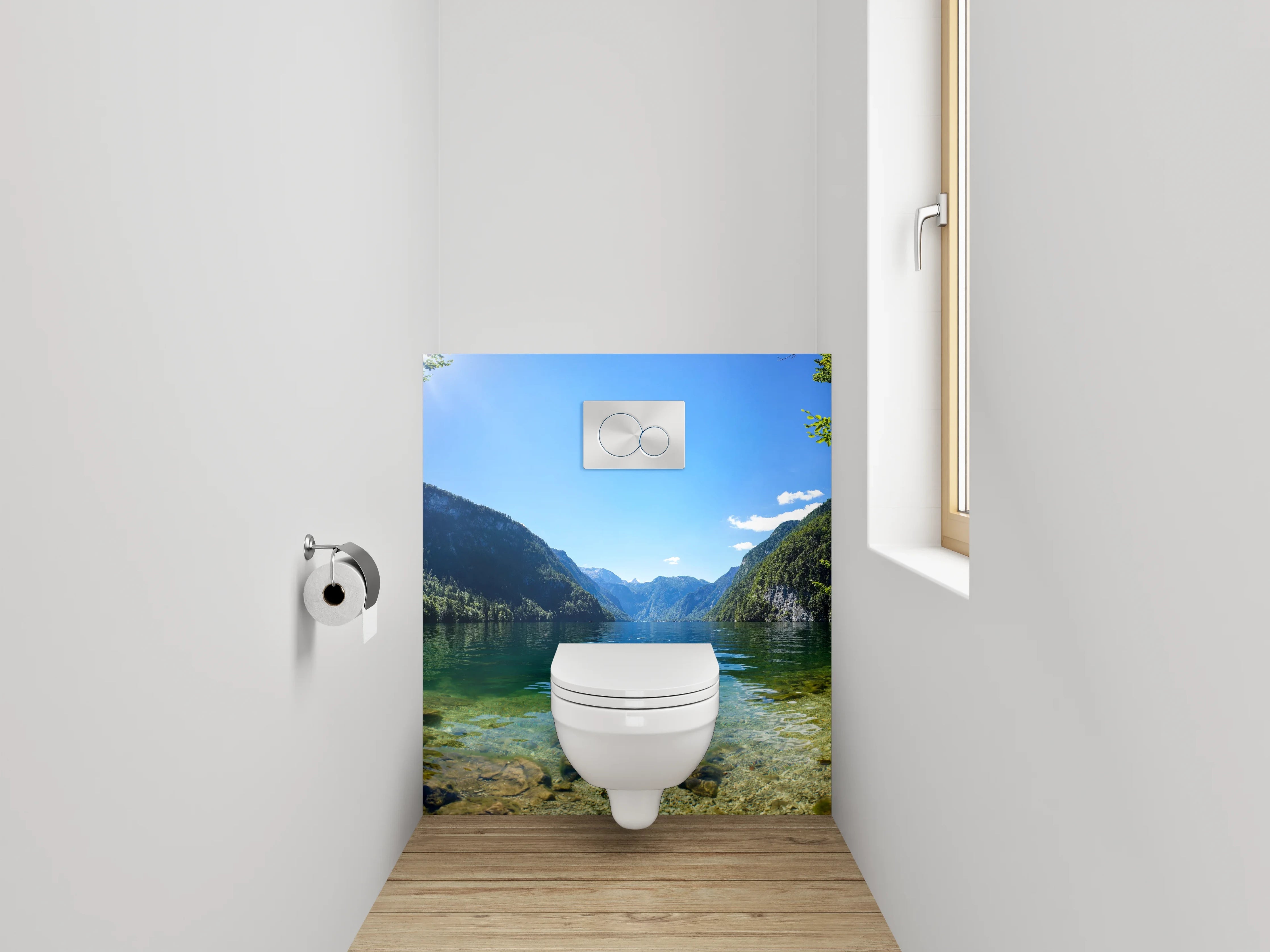 WC-Rückwand - Silbergraues Alpenglitzern im Morgenlicht