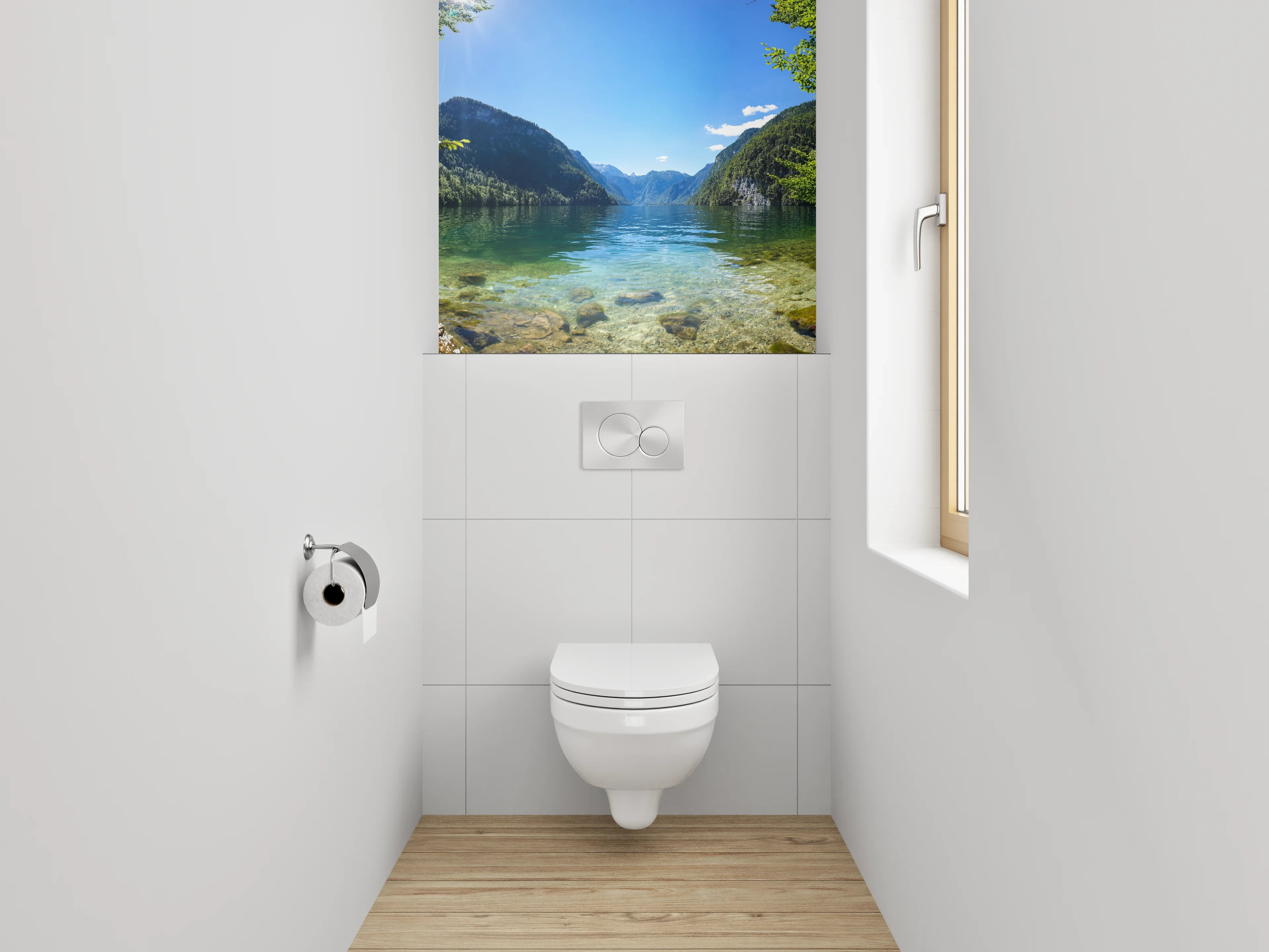 WC-Rückwand - Silbergraues Alpenglitzern im Morgenlicht