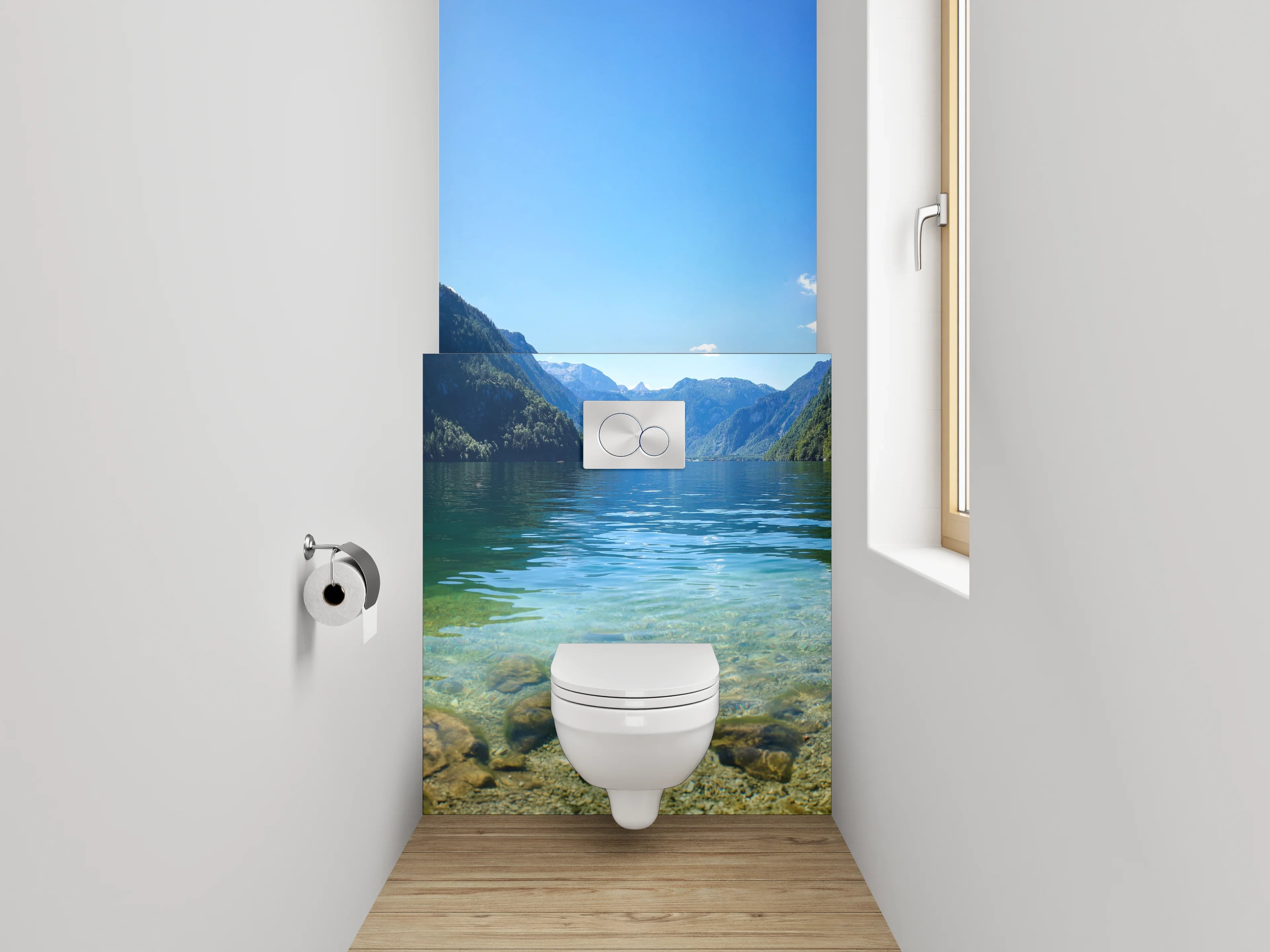 WC-Rückwand - Silbergraues Alpenglitzern im Morgenlicht