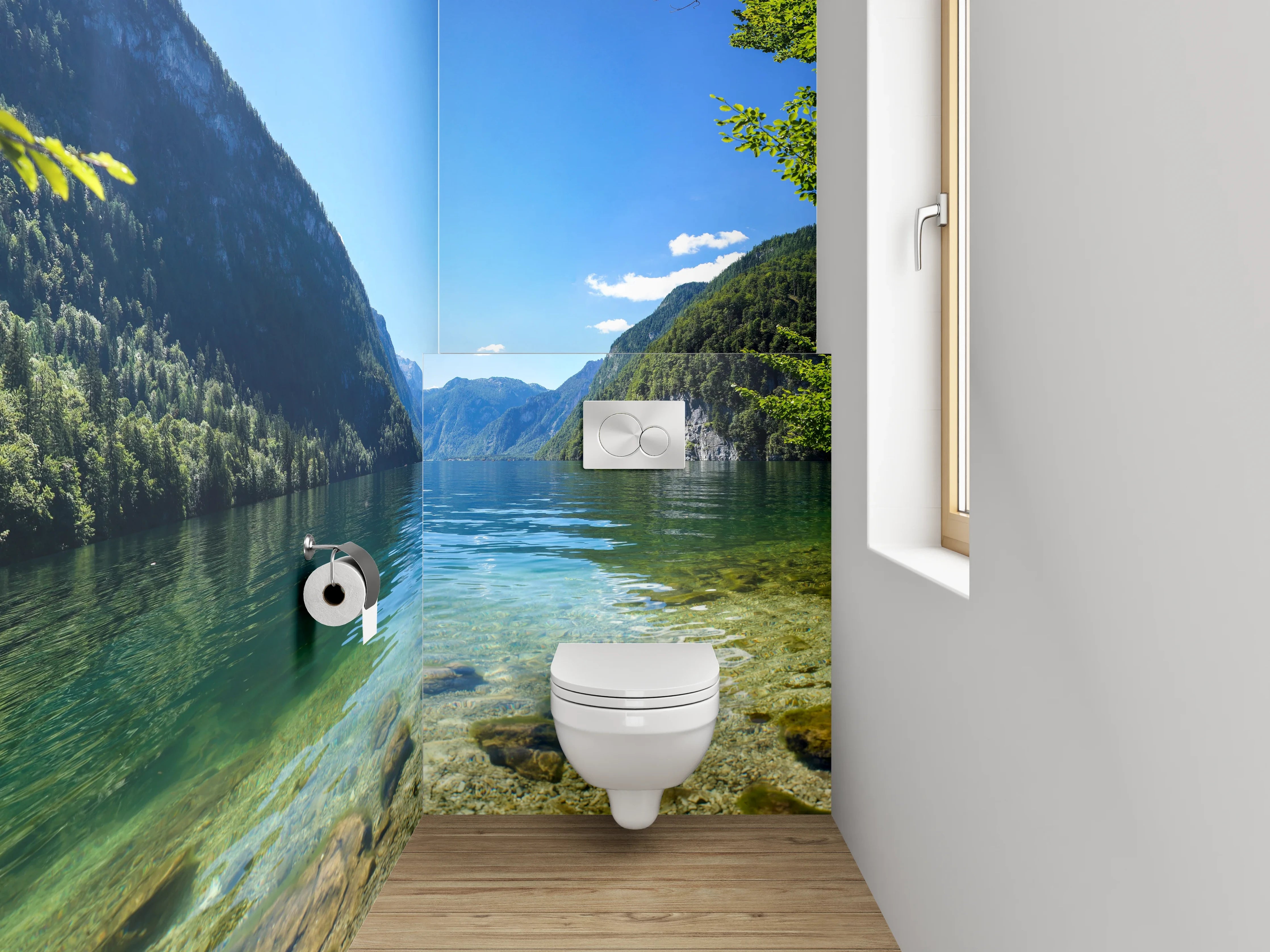 WC-Rückwand - Silbergraues Alpenglitzern im Morgenlicht