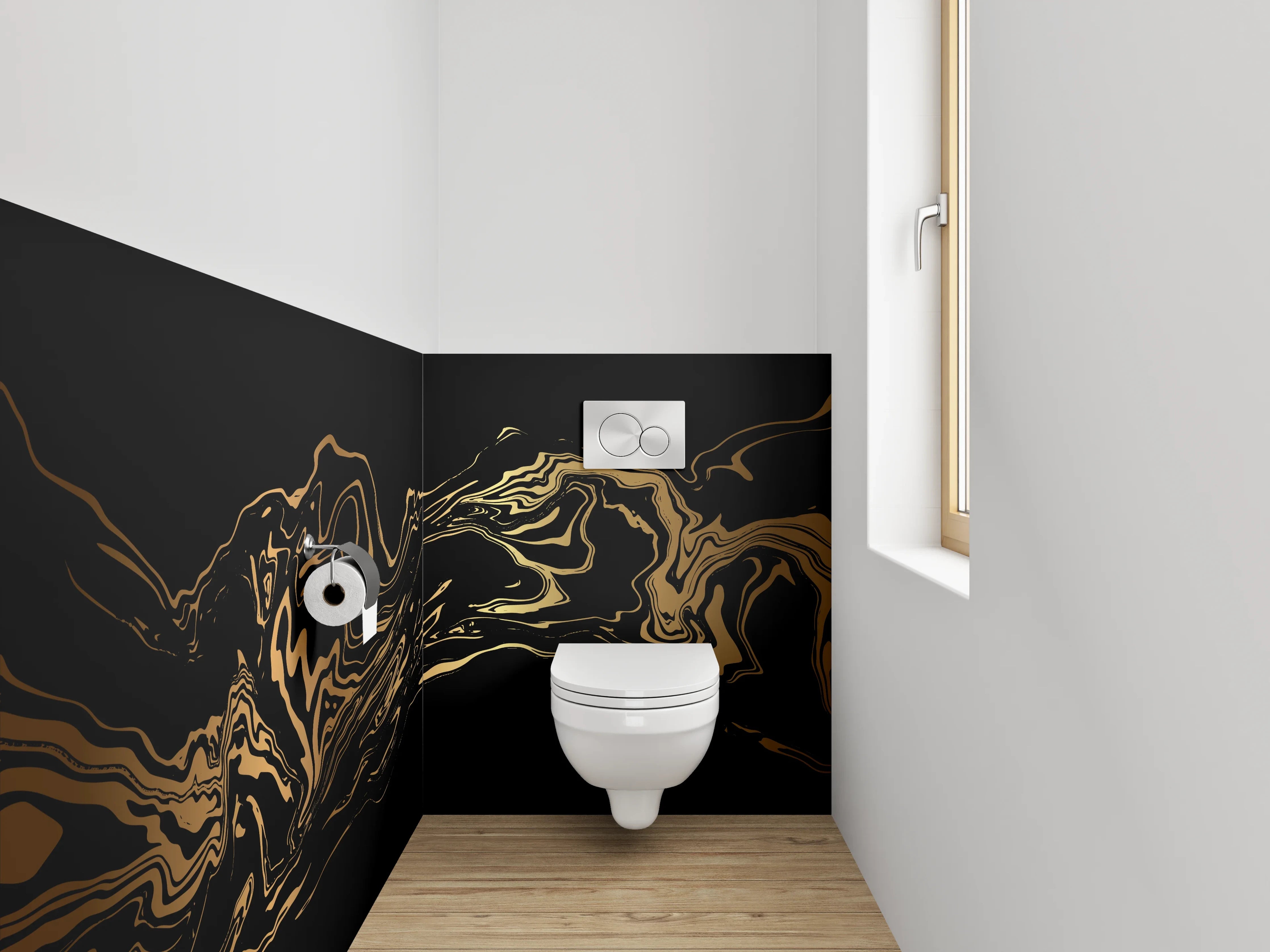 WC-Rückwand - Silberne Konturen auf dunklem Grund