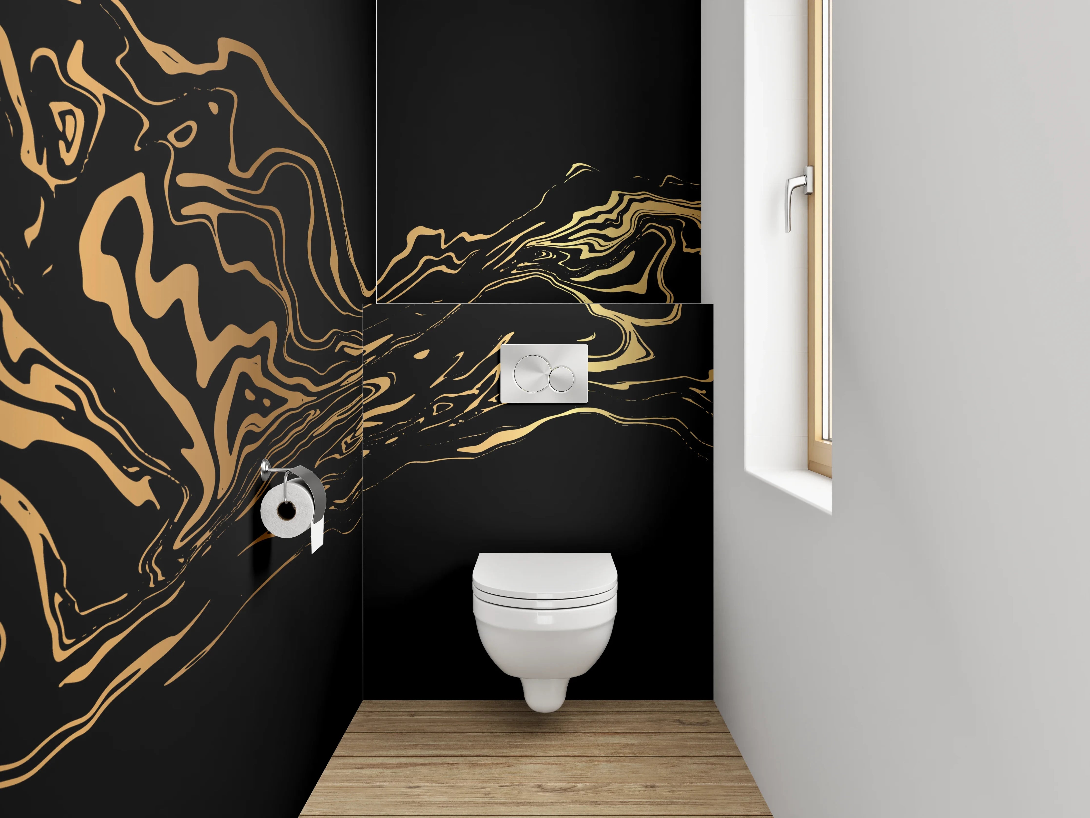 WC-Rückwand - Silberne Konturen auf dunklem Grund