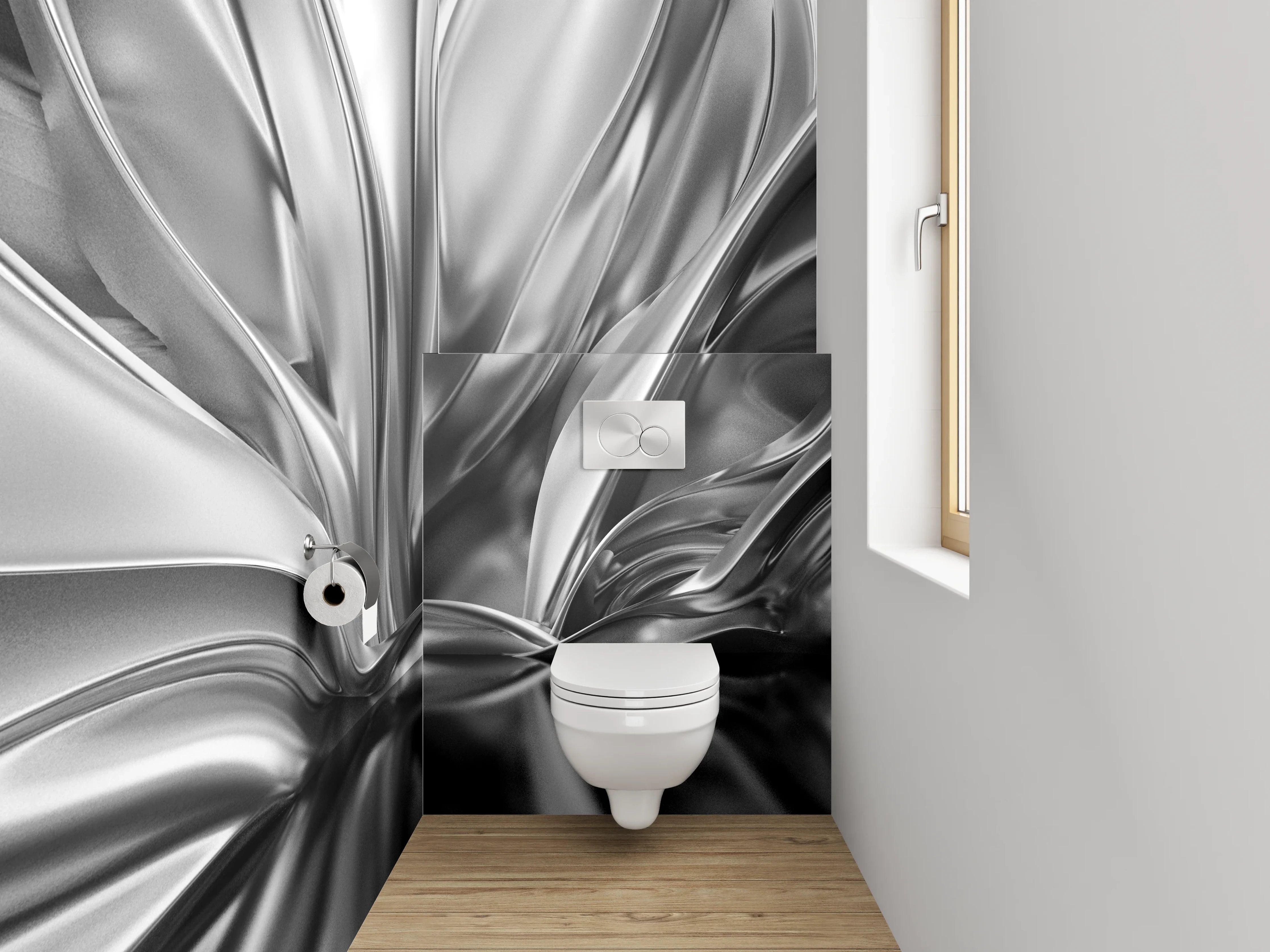 WC-Rückwand - Silberne Metall-Textur mit Wellenmuster