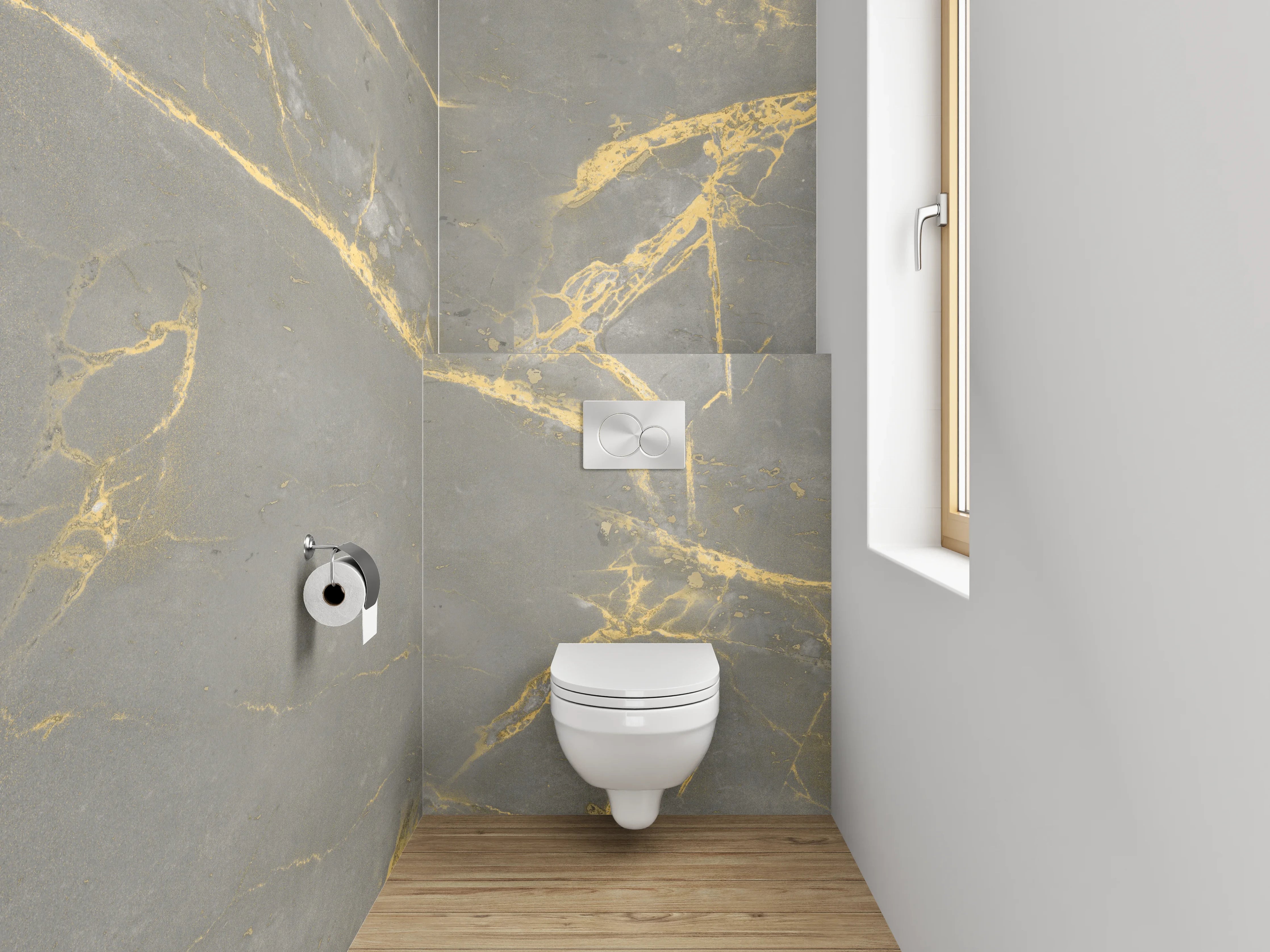 WC-Rückwand - Silberne Schatten auf weißem Stein