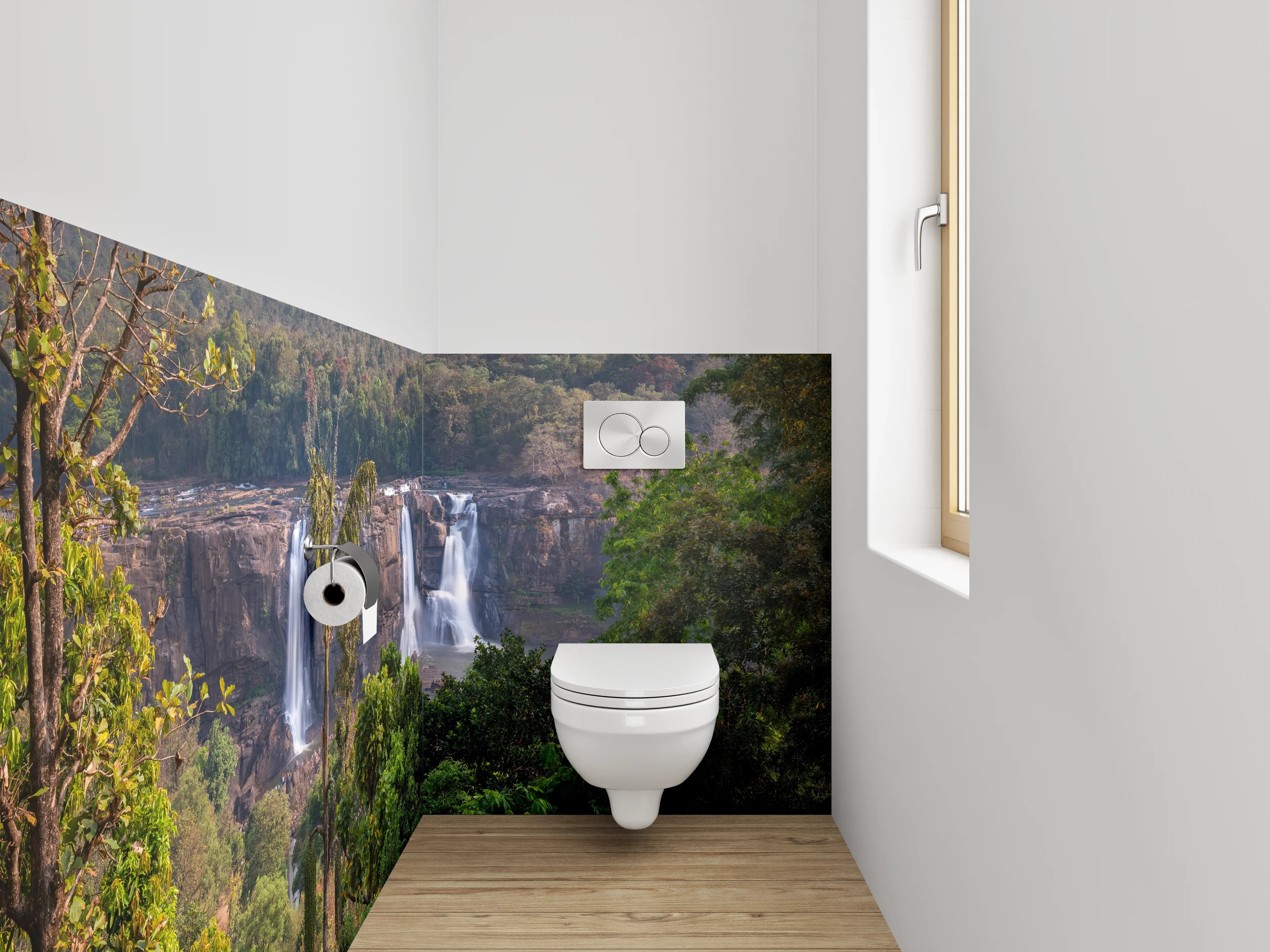 WC-Rückwand - Silberne Wasserströme im Nebelgrün