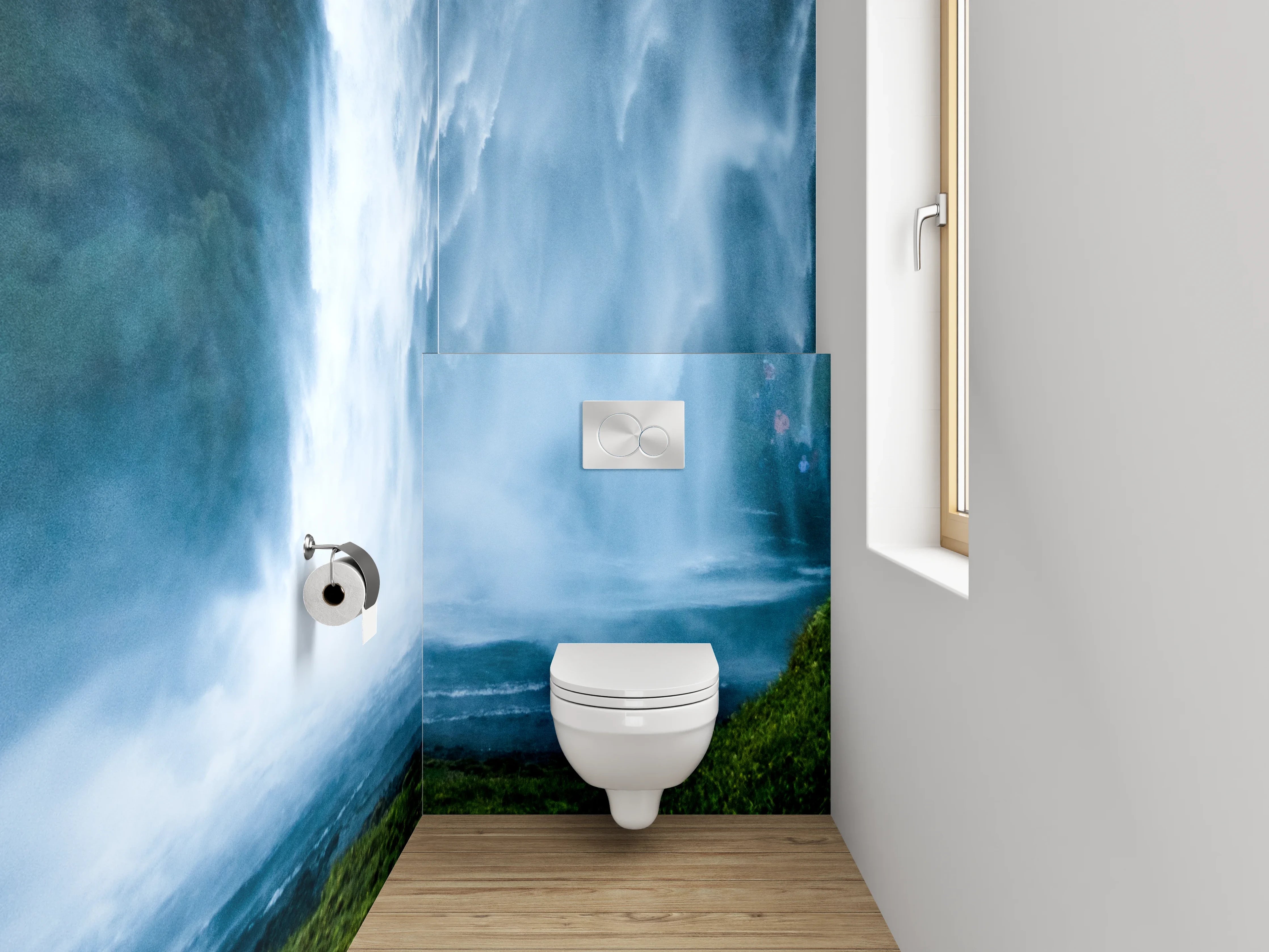 WC-Rückwand - Silberne Wasserträume im Nebelwald