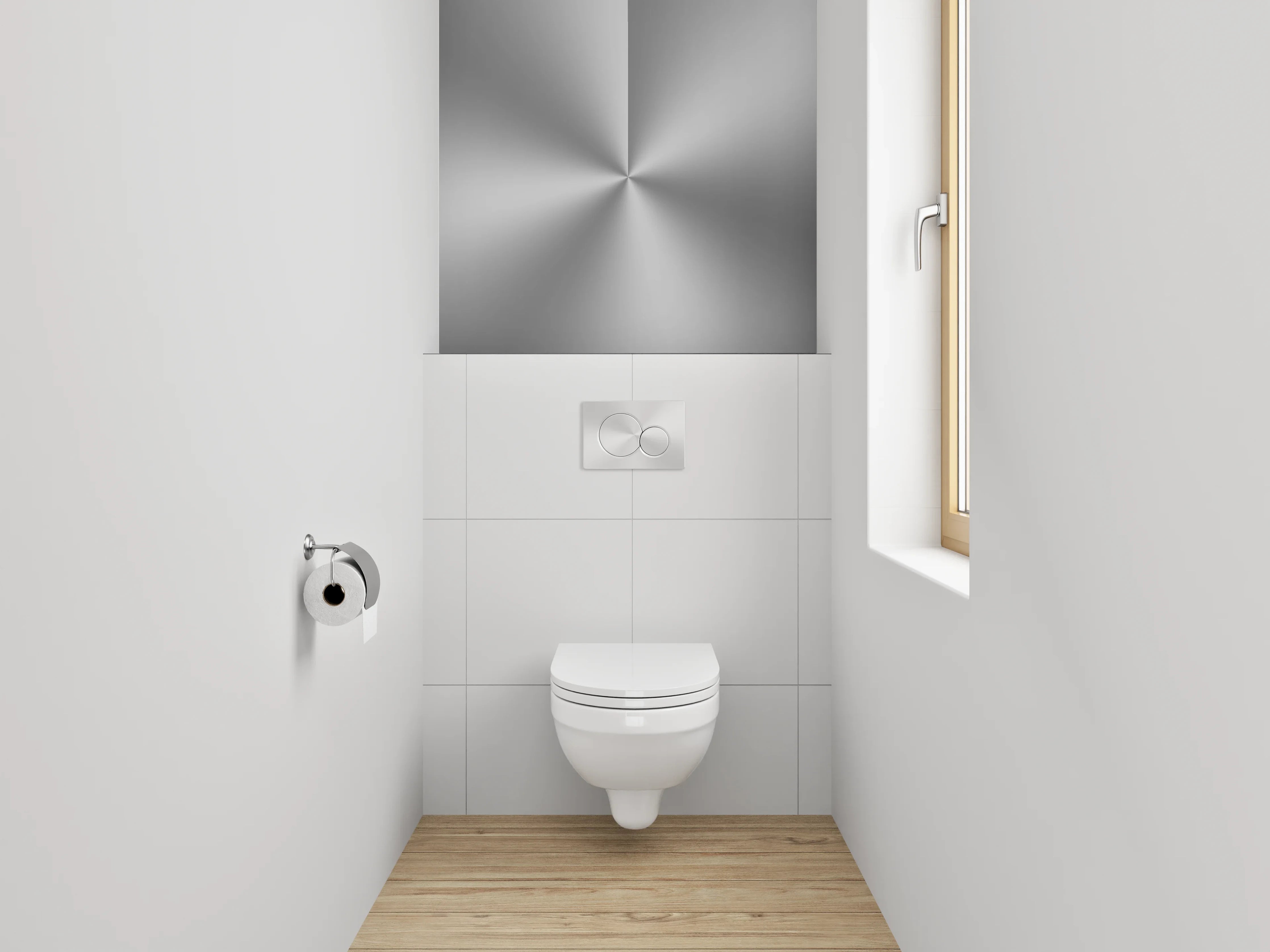 WC-Rückwand - Silberner Metall-Look mit Lichtreflex