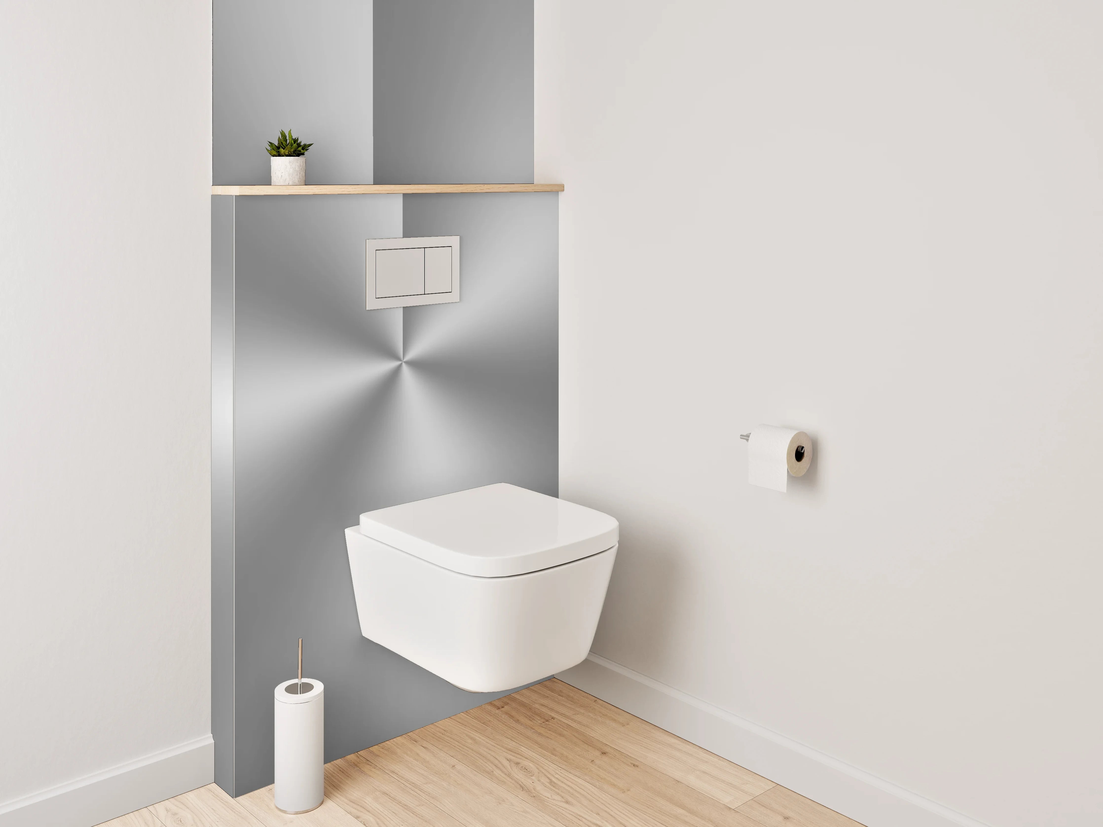 WC-Rückwand - Silberner Metall-Look mit Lichtreflex