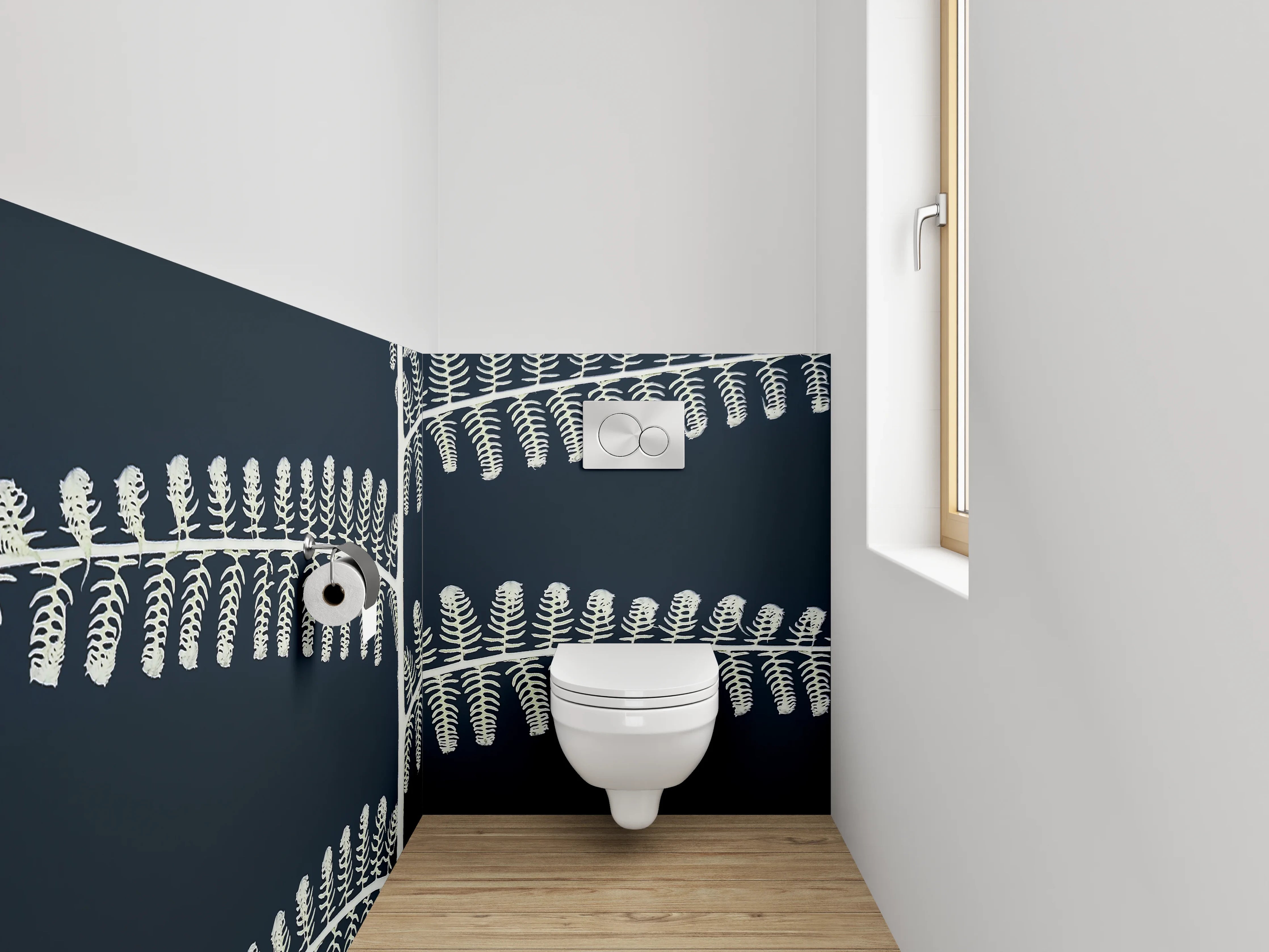 WC-Rückwand - Skandinavisches Farnmuster Schwarz-Weiß