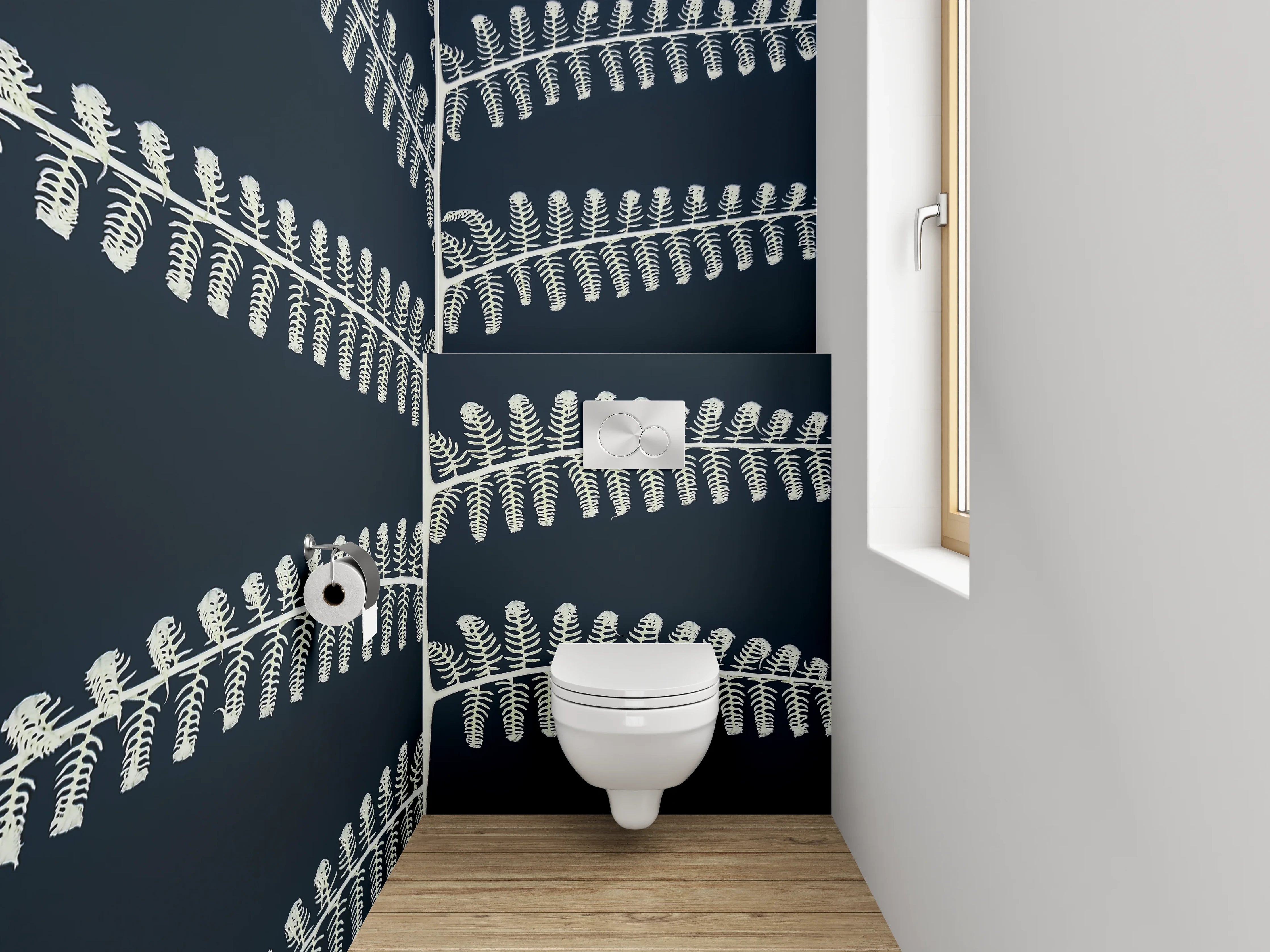 WC-Rückwand - Skandinavisches Farnmuster Schwarz-Weiß