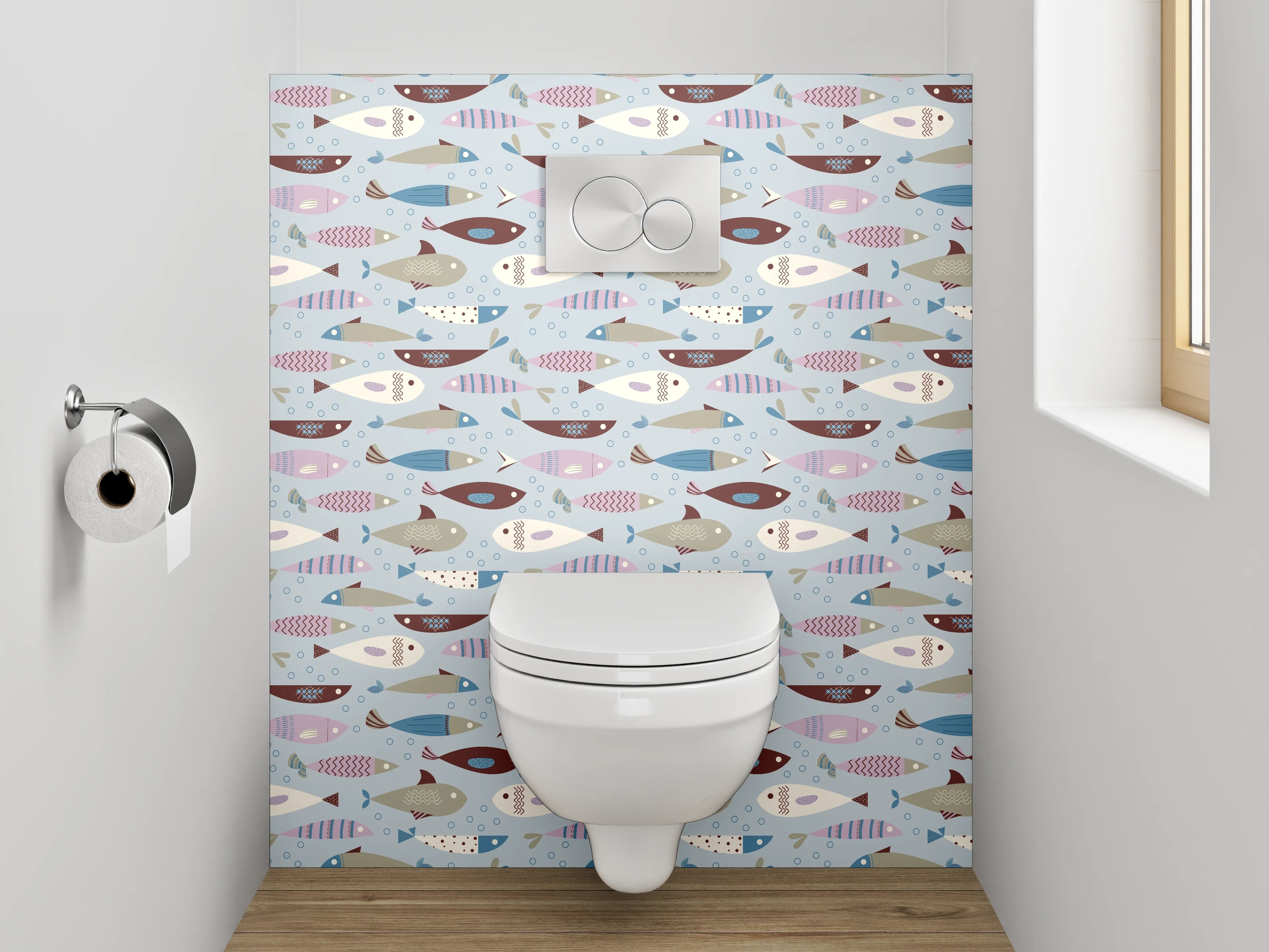 WC-Rückwand - Skandinavisches Fischmuster Kinderzimmer Blau