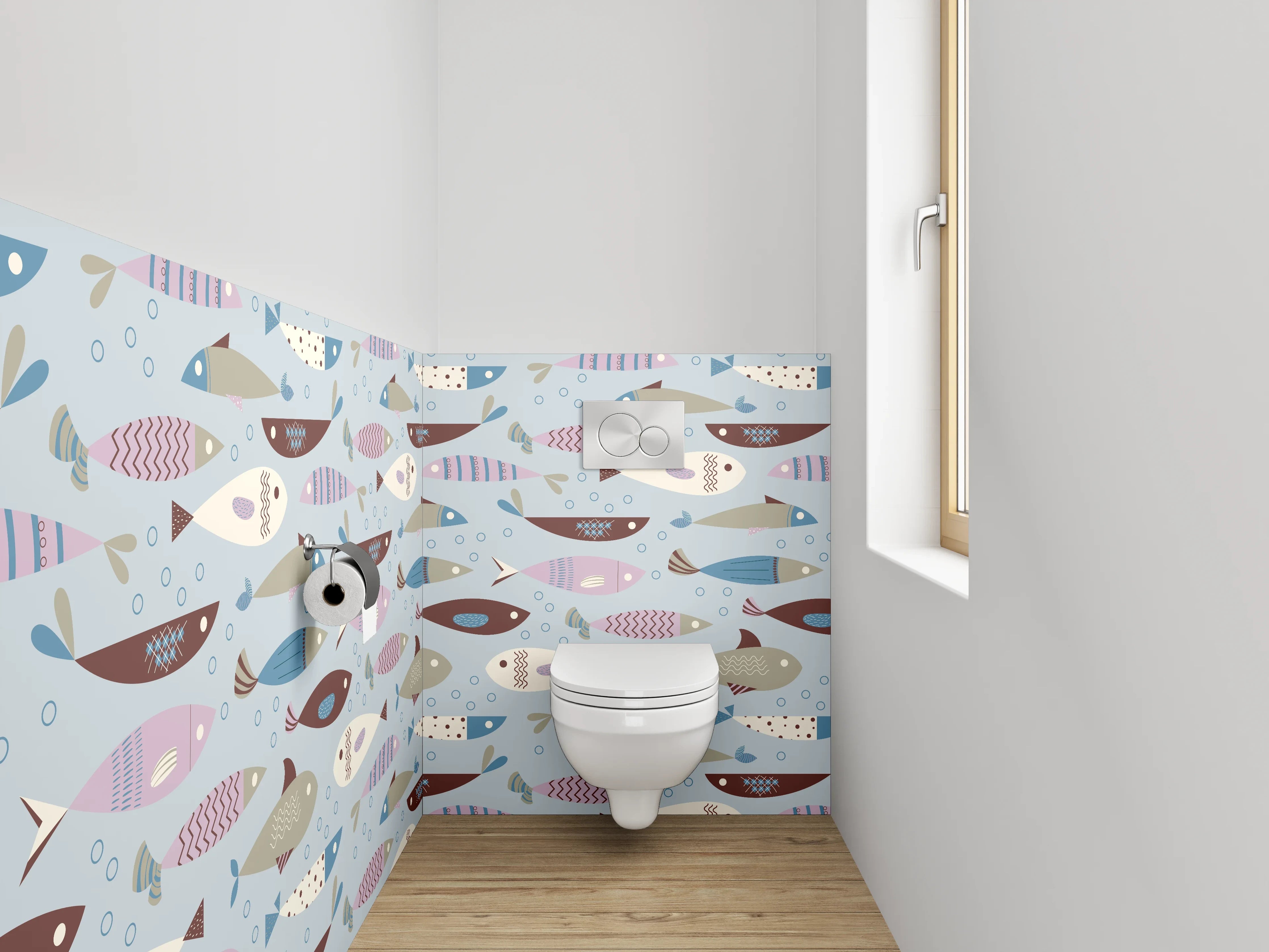 WC-Rückwand - Skandinavisches Fischmuster Kinderzimmer Blau