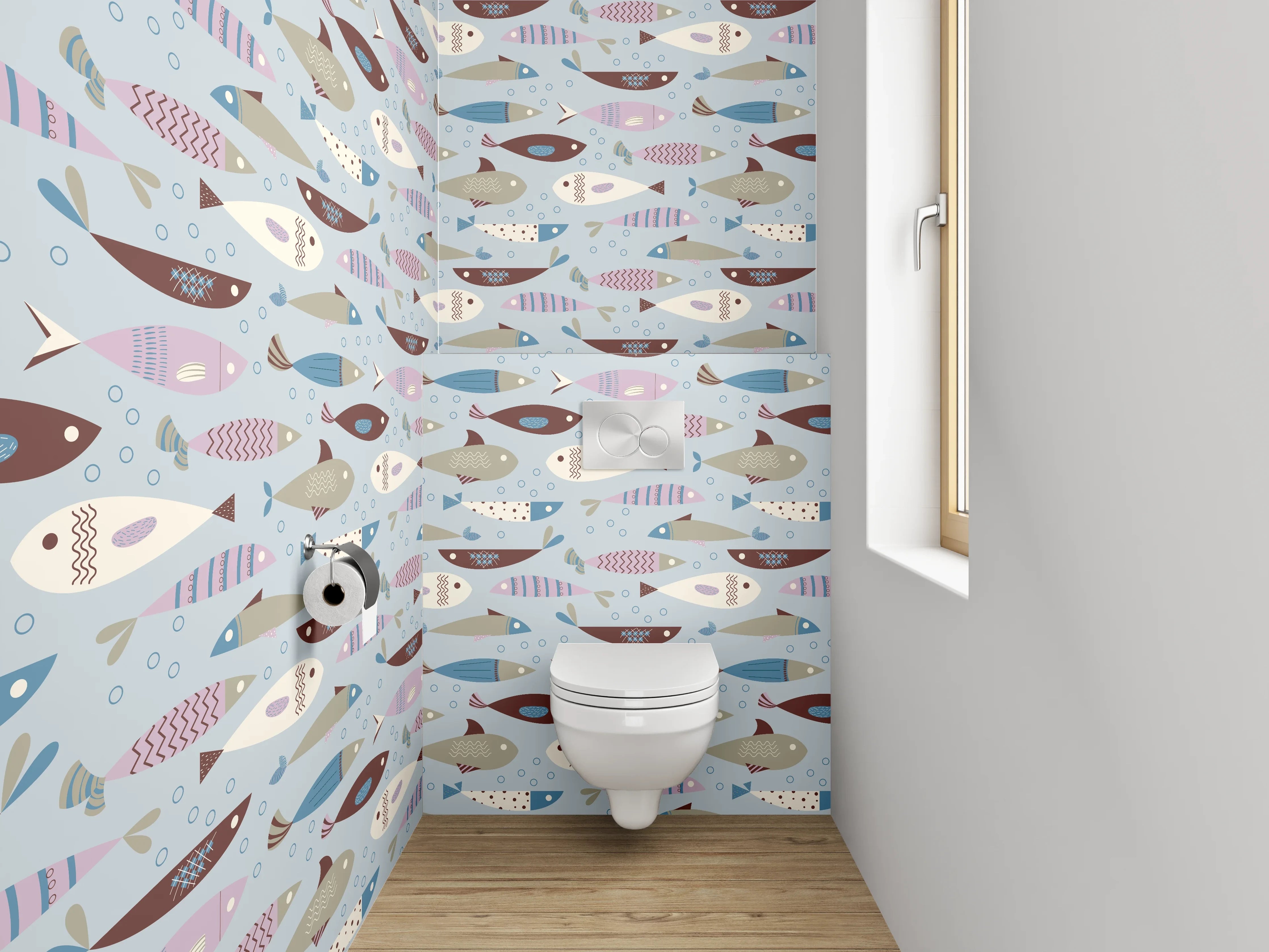 WC-Rückwand - Skandinavisches Fischmuster Kinderzimmer Blau