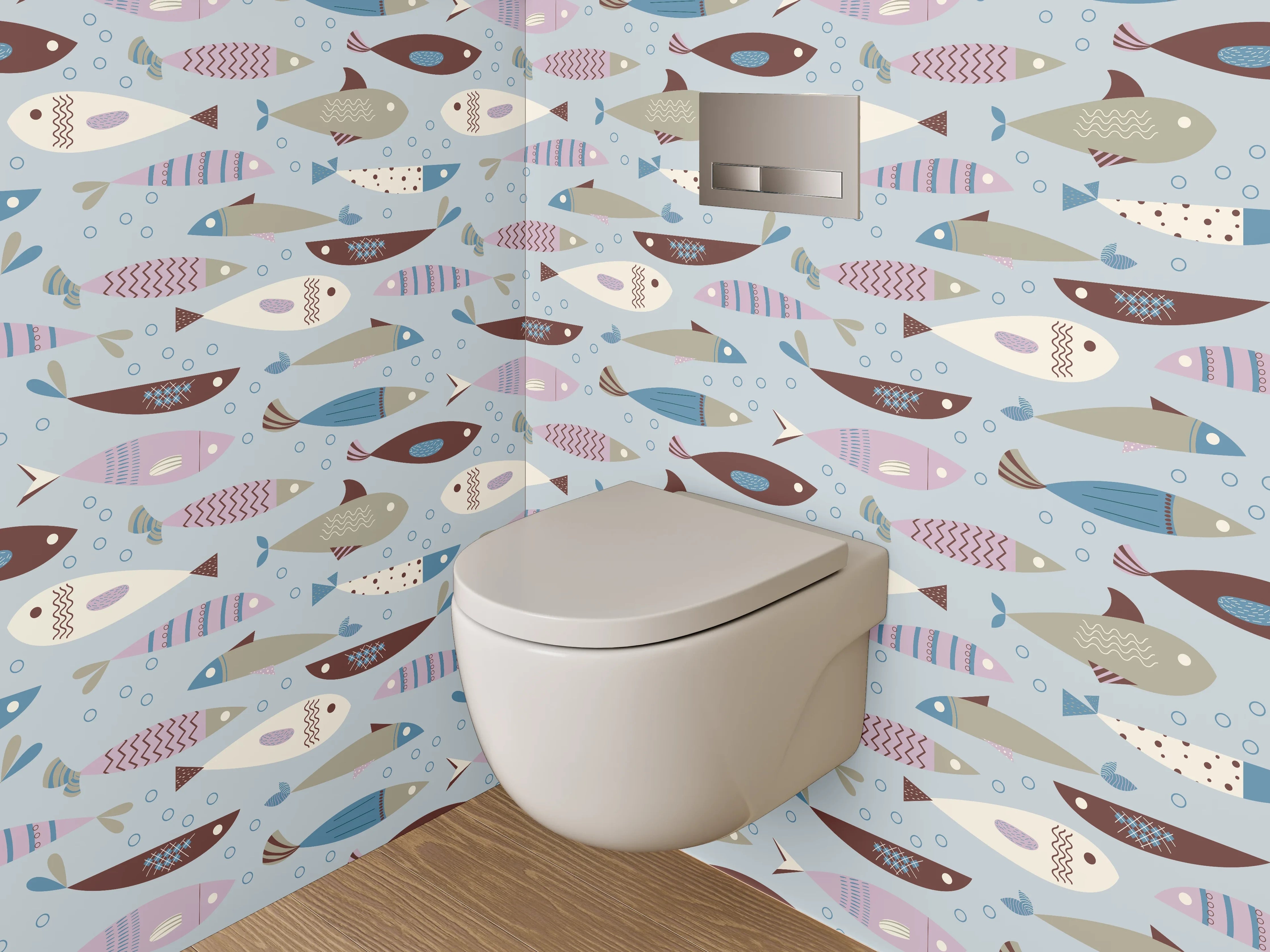 WC-Rückwand - Skandinavisches Fischmuster Kinderzimmer Blau