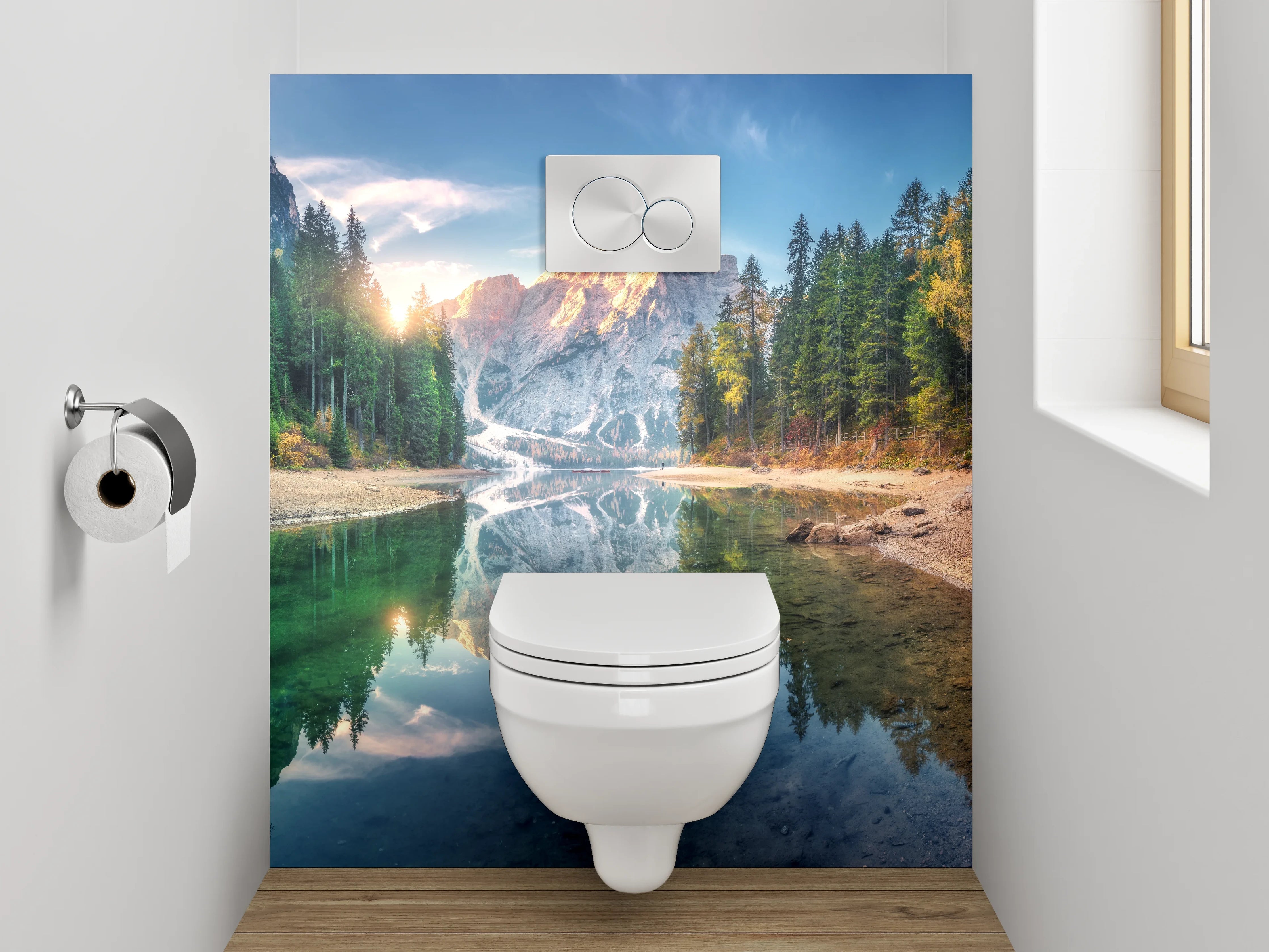WC-Rückwand - Sonnenaufgang am Bergsee Panorama