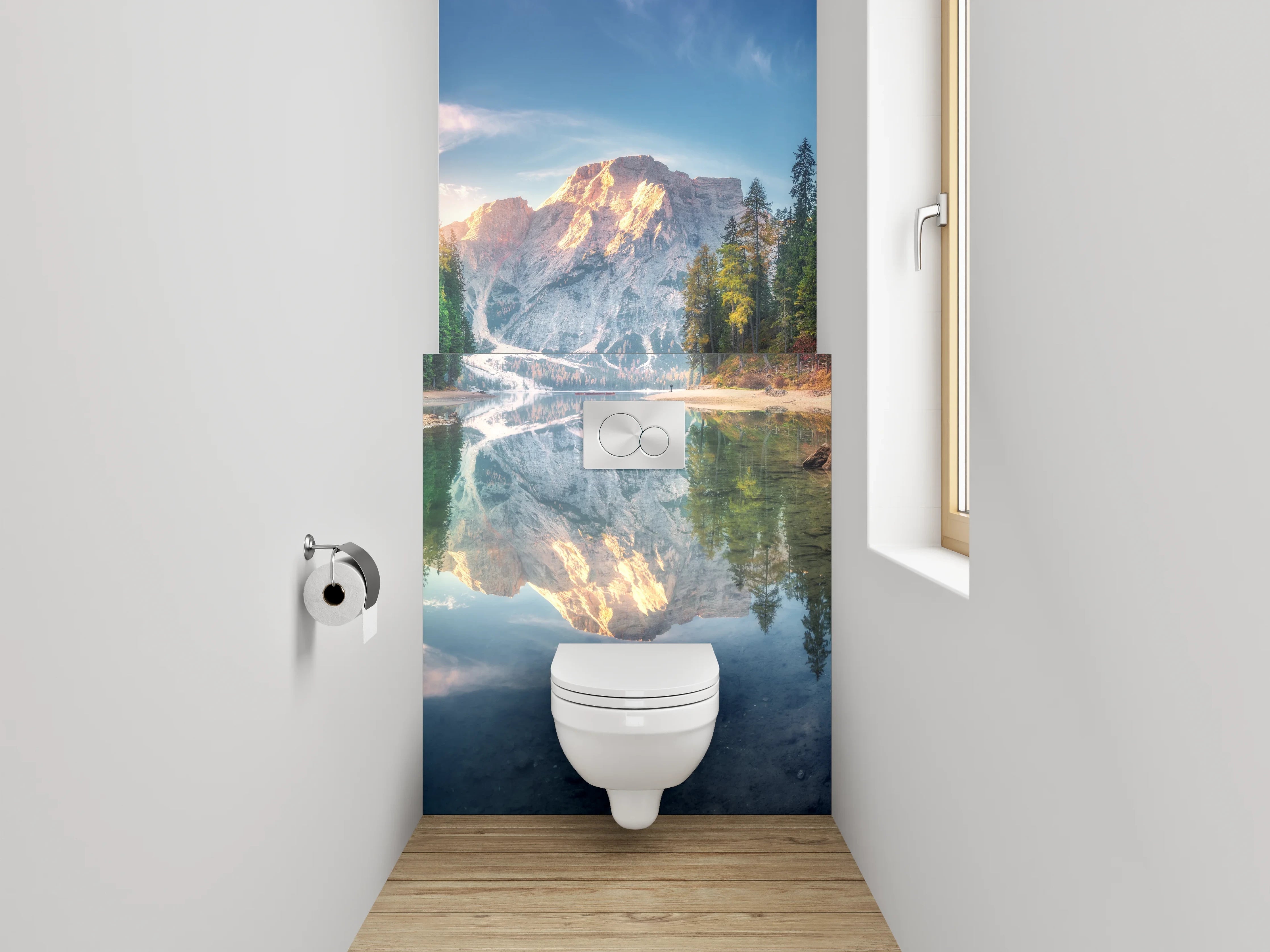 WC-Rückwand - Sonnenaufgang am Bergsee Panorama