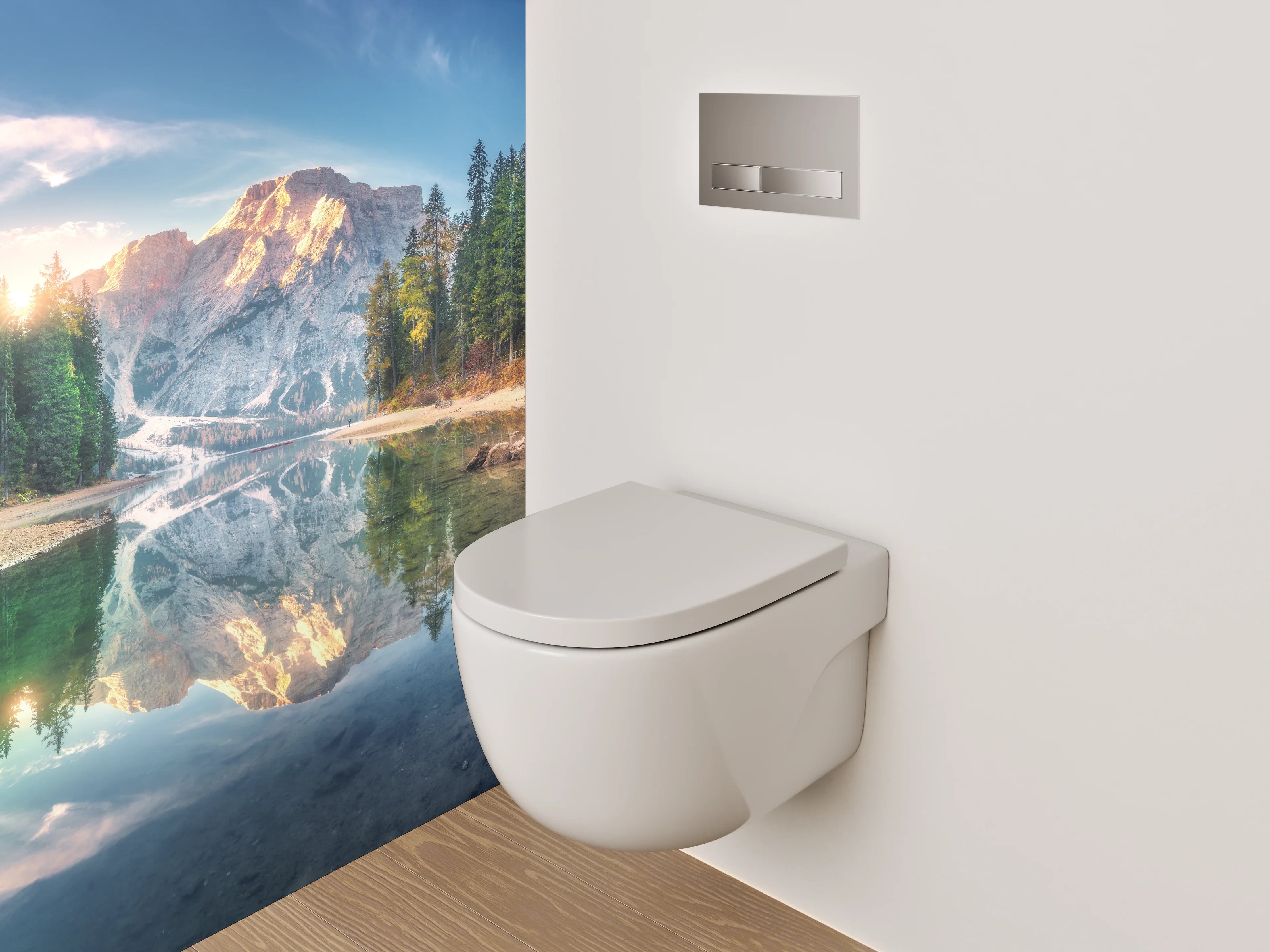 WC-Rückwand - Sonnenaufgang am Bergsee Panorama