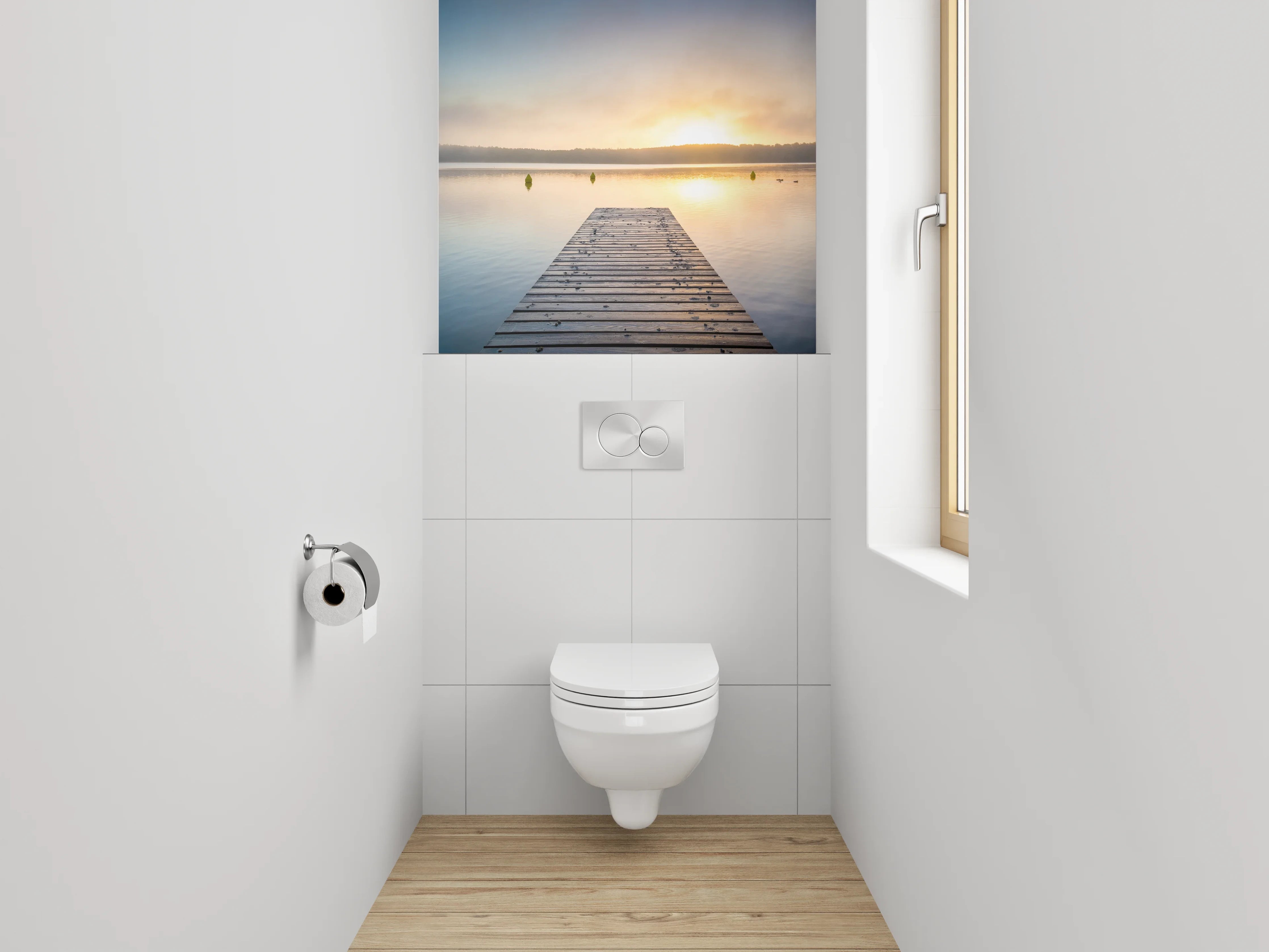 WC-Rückwand - Sonnenaufgang am See Steg Panorama