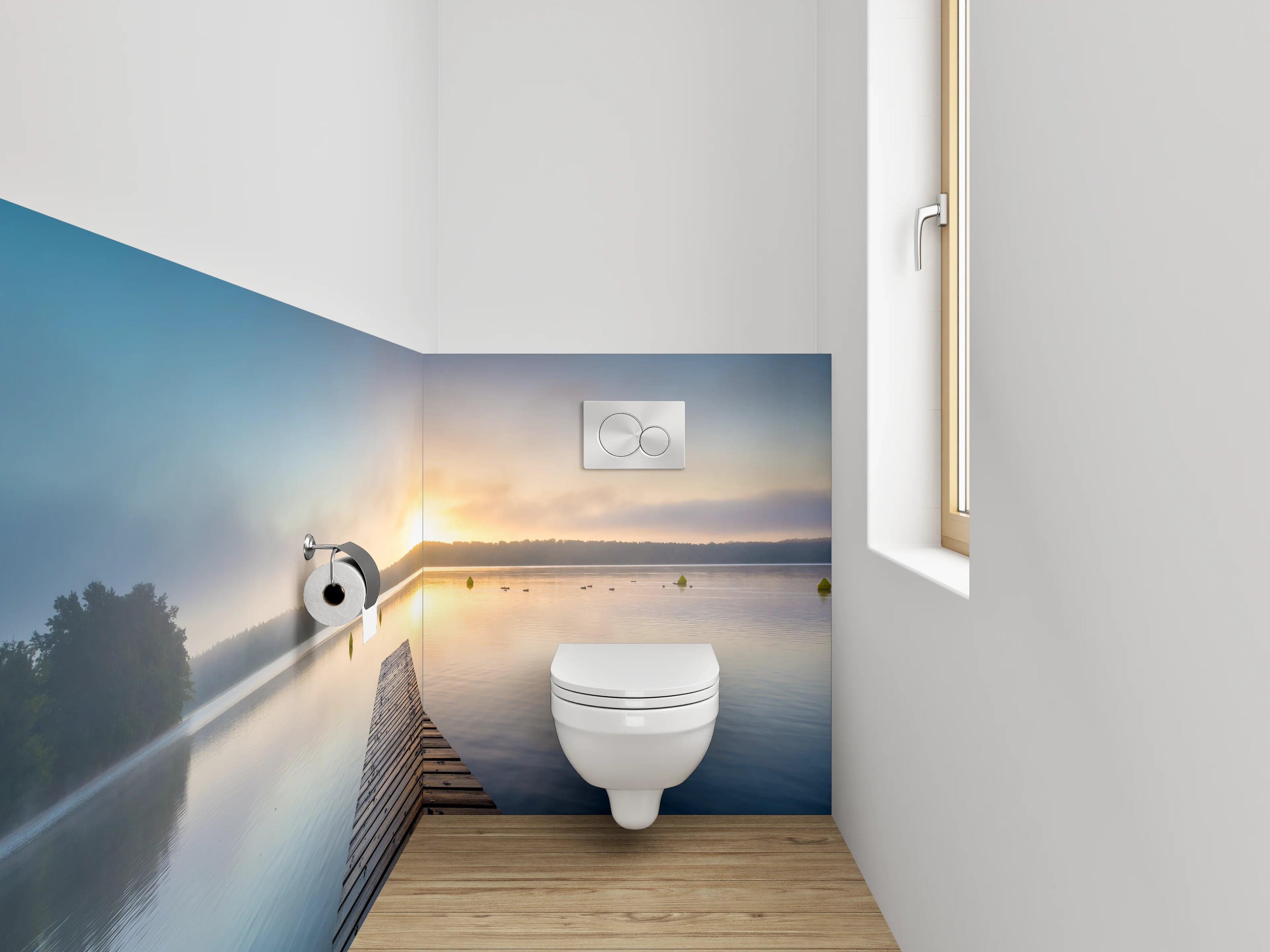 WC-Rückwand - Sonnenaufgang am See Steg Panorama