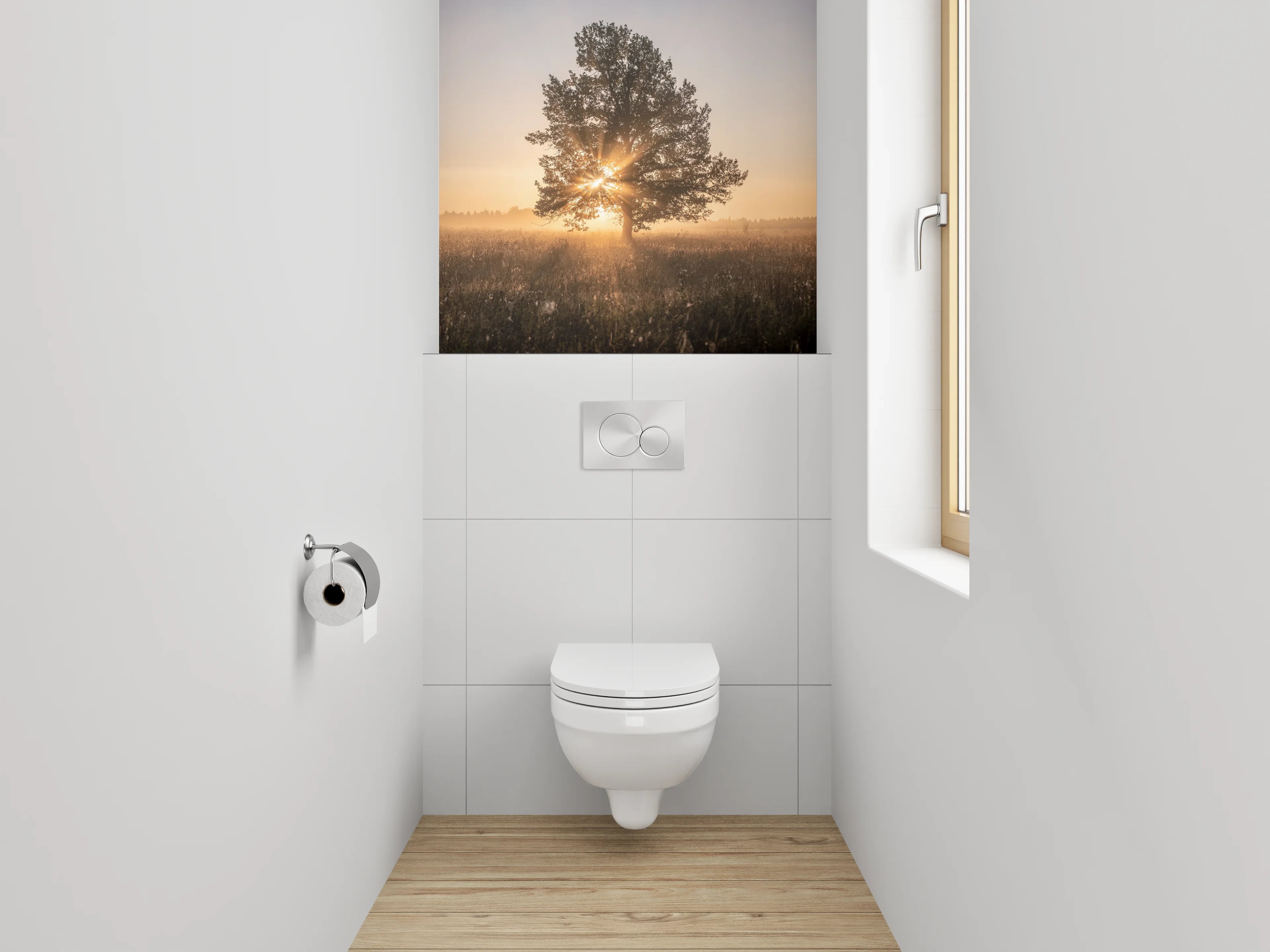 WC-Rückwand - Sonnenaufgang hinter Baum im Feld