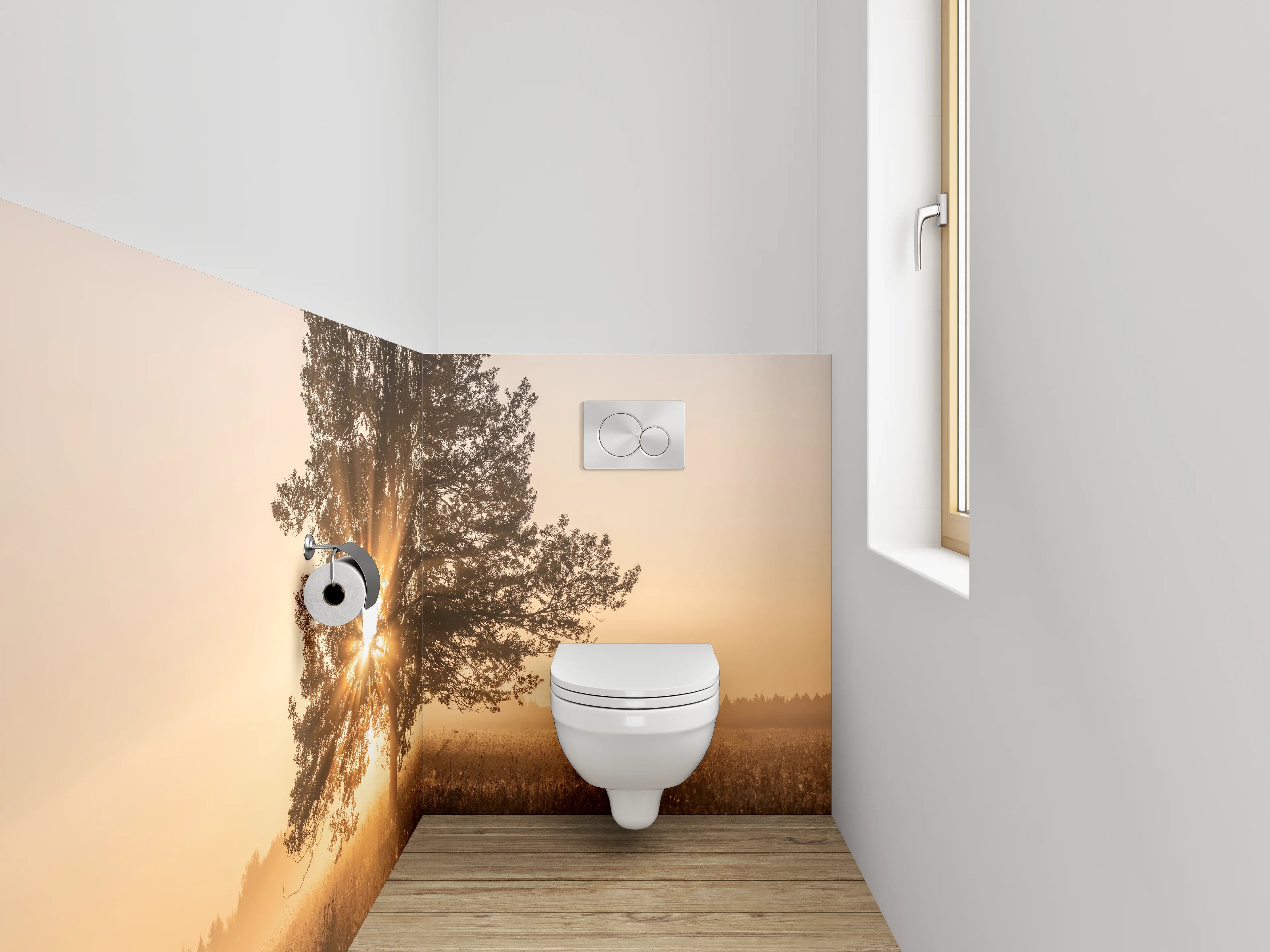 WC-Rückwand - Sonnenaufgang hinter Baum im Feld