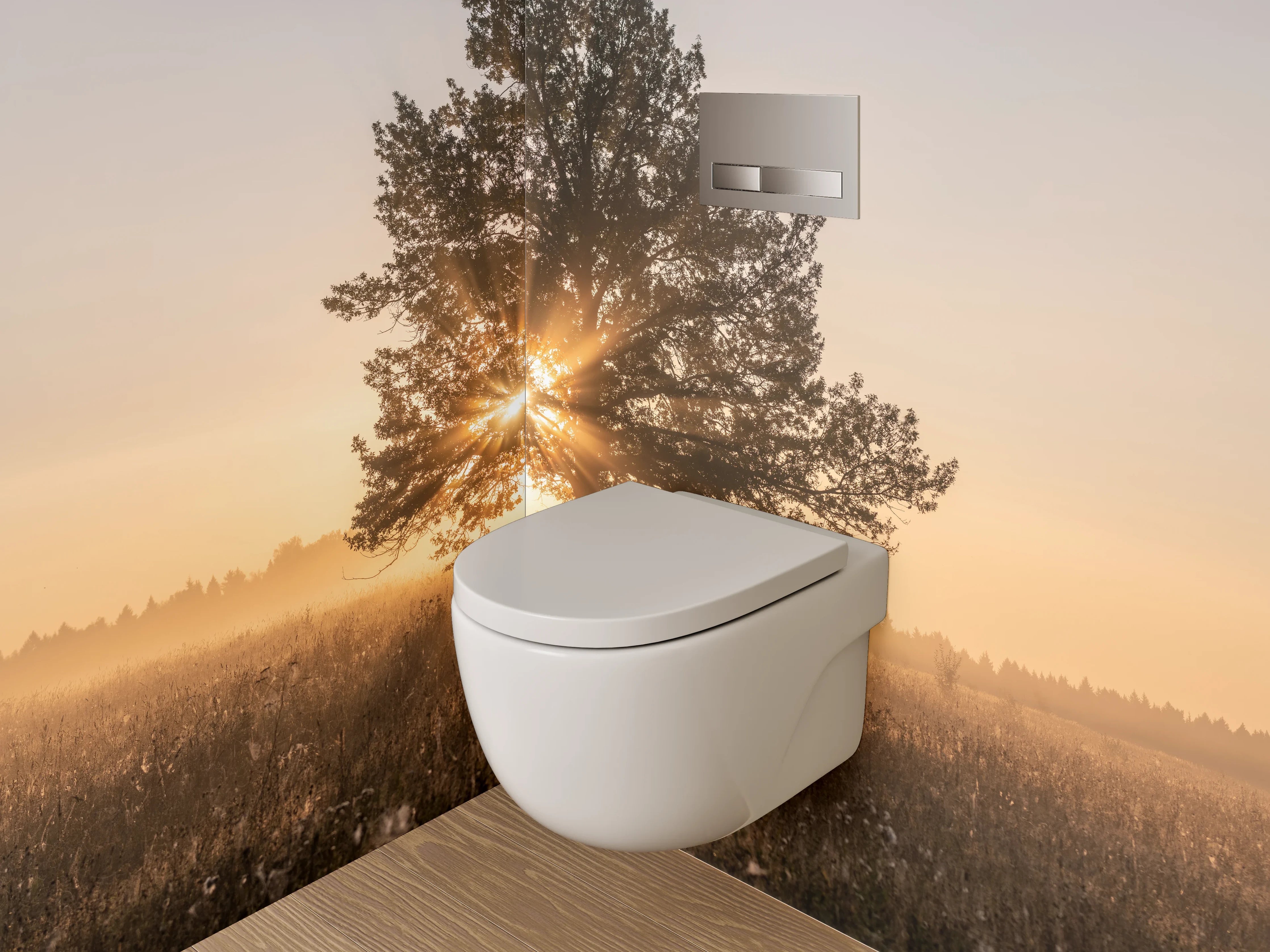 WC-Rückwand - Sonnenaufgang hinter Baum im Feld
