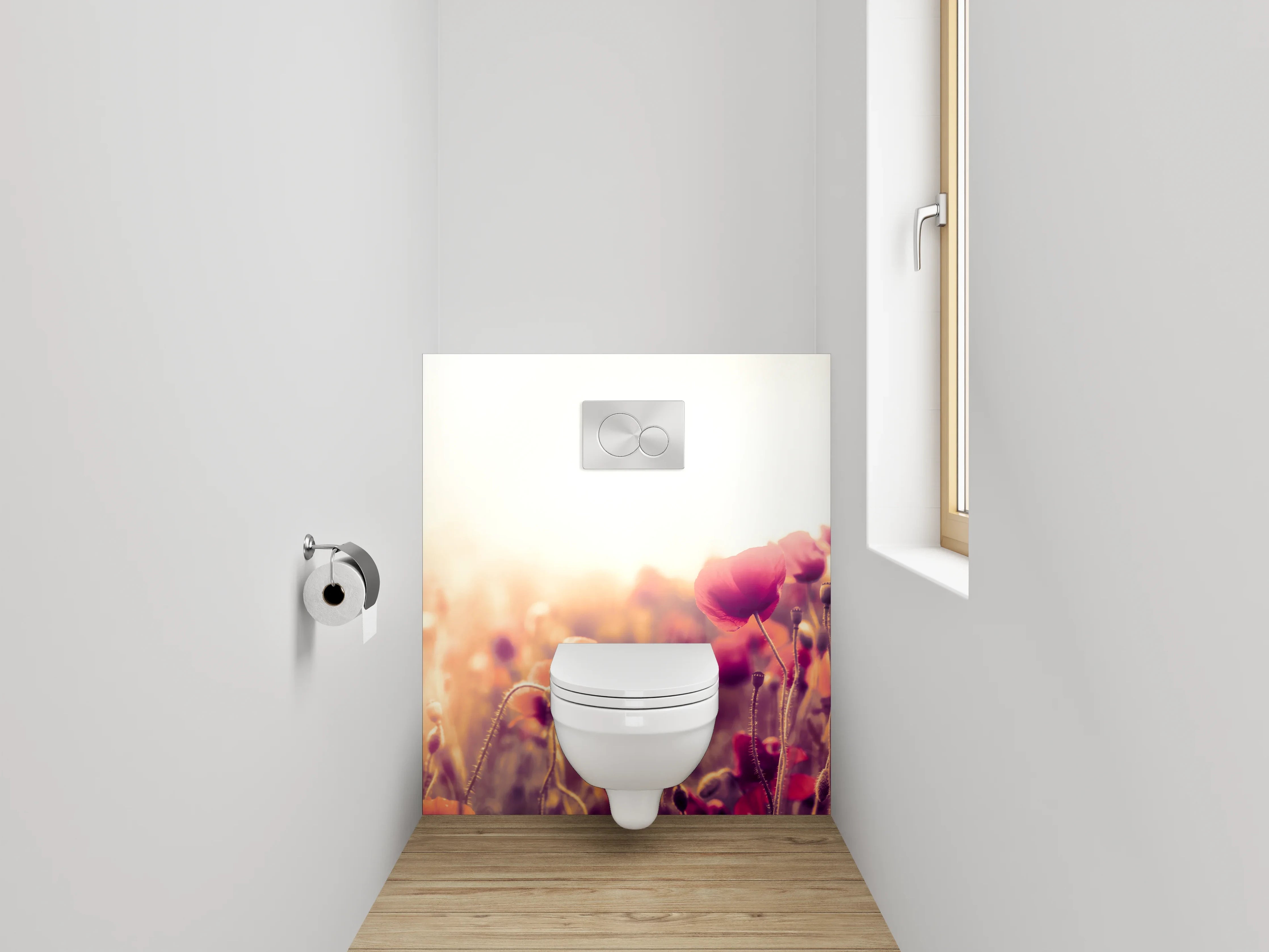 WC-Rückwand - Sonnenaufgang im Mohnblumenfeld Panorama
