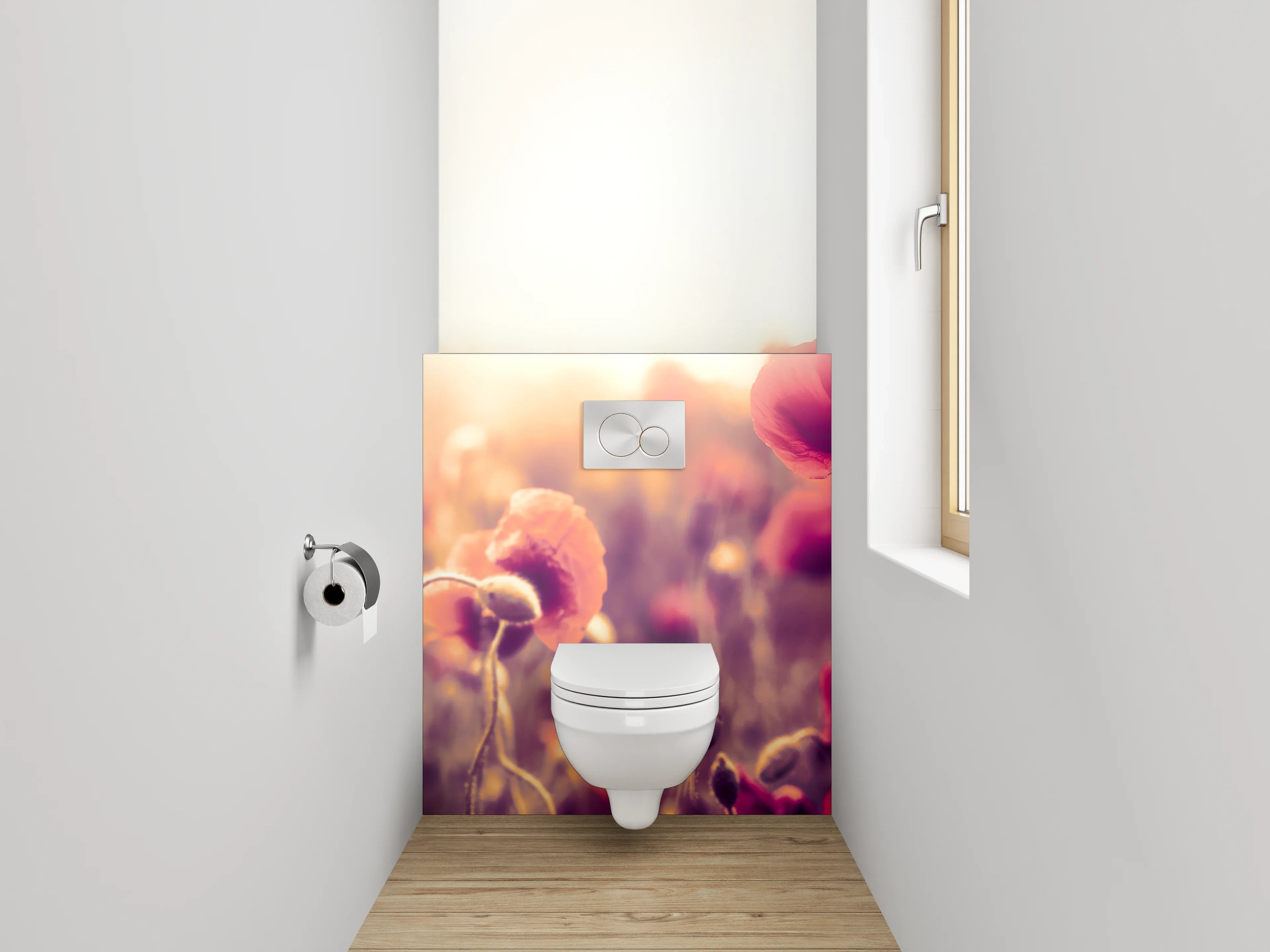 WC-Rückwand - Sonnenaufgang im Mohnblumenfeld Panorama