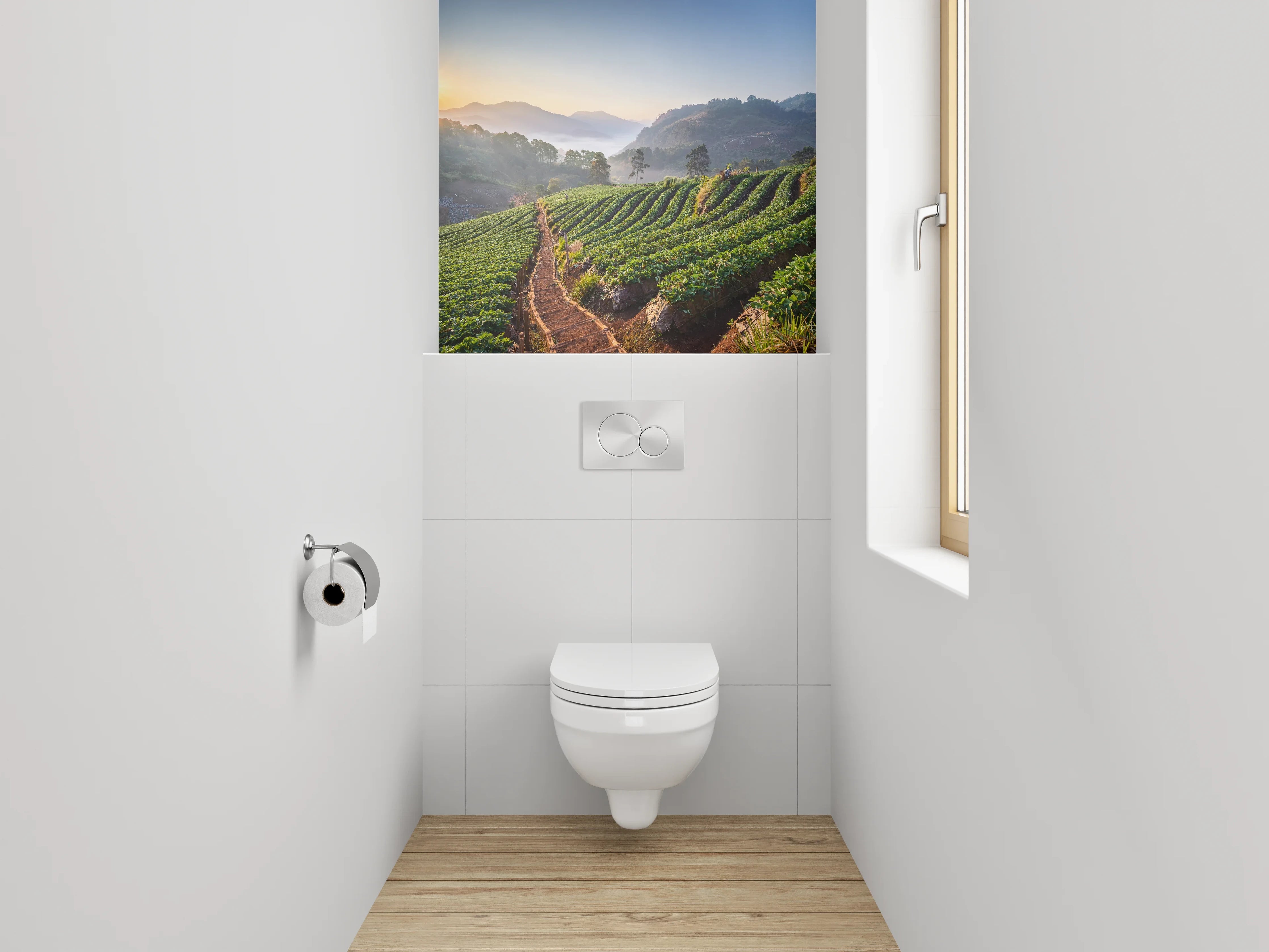 WC-Rückwand - Sonnenaufgang über grünen Feldern