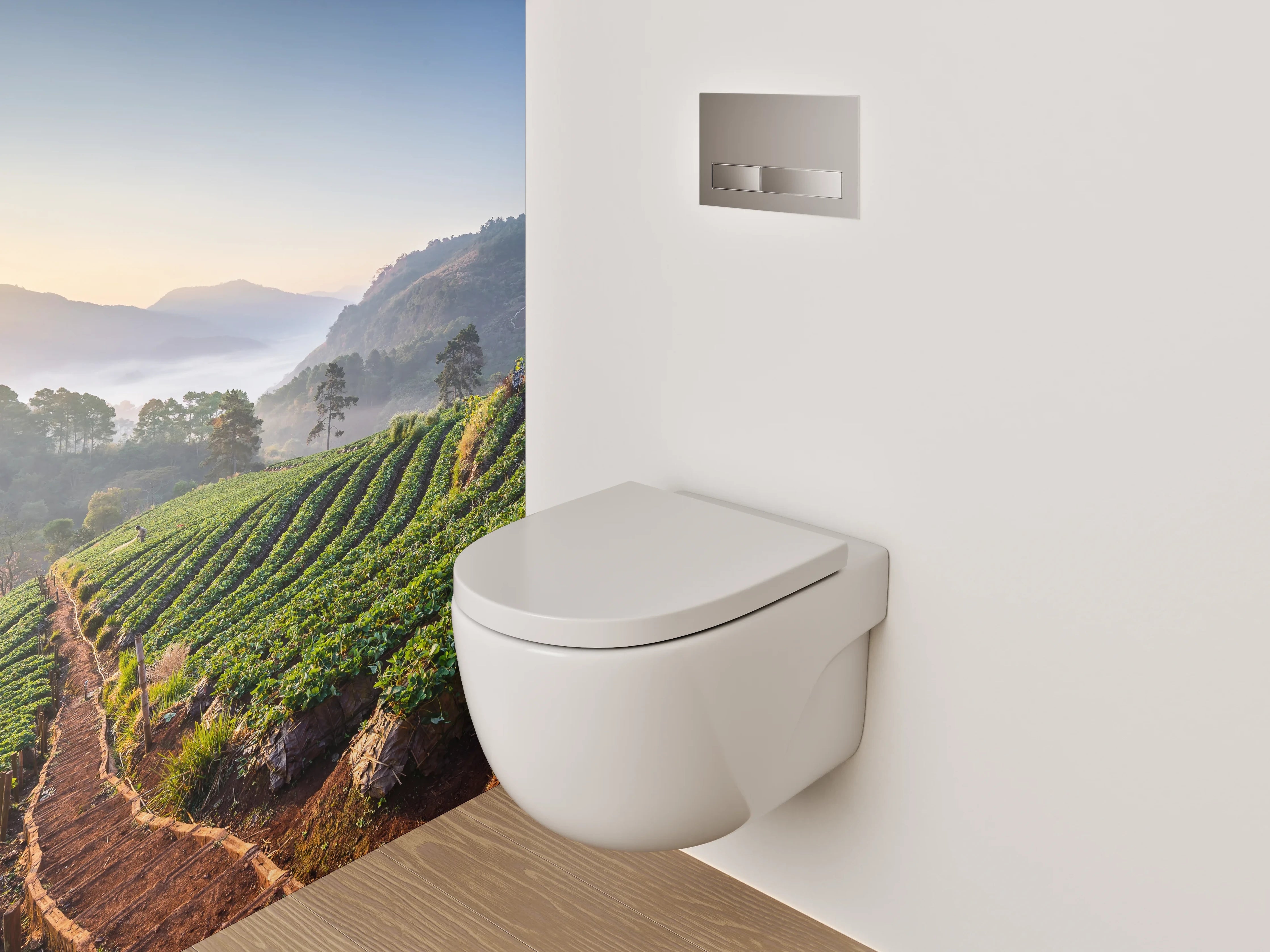 WC-Rückwand - Sonnenaufgang über grünen Feldern