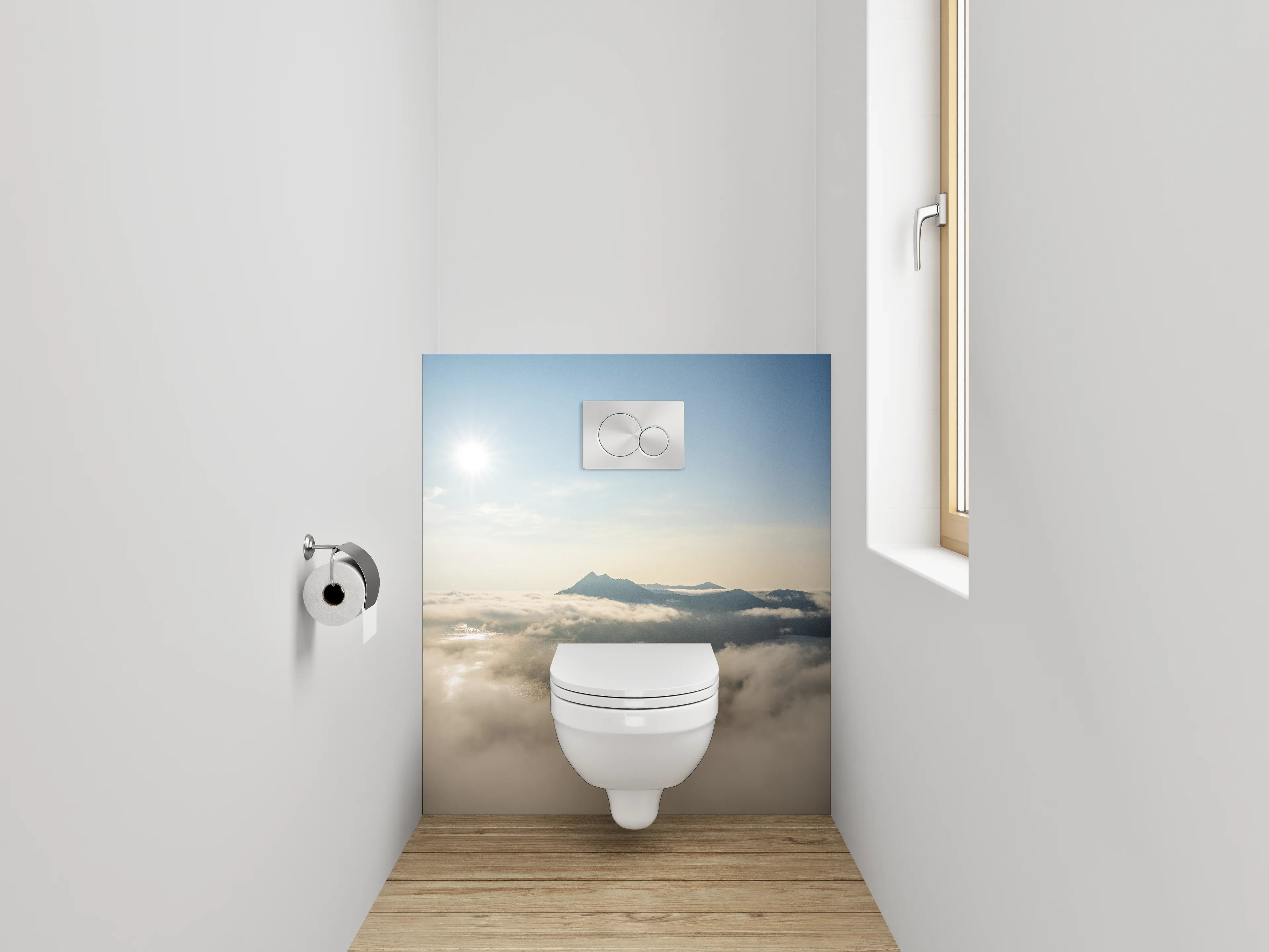 WC-Rückwand - Sonnenaufgang über nebelverhüllten Bergen
