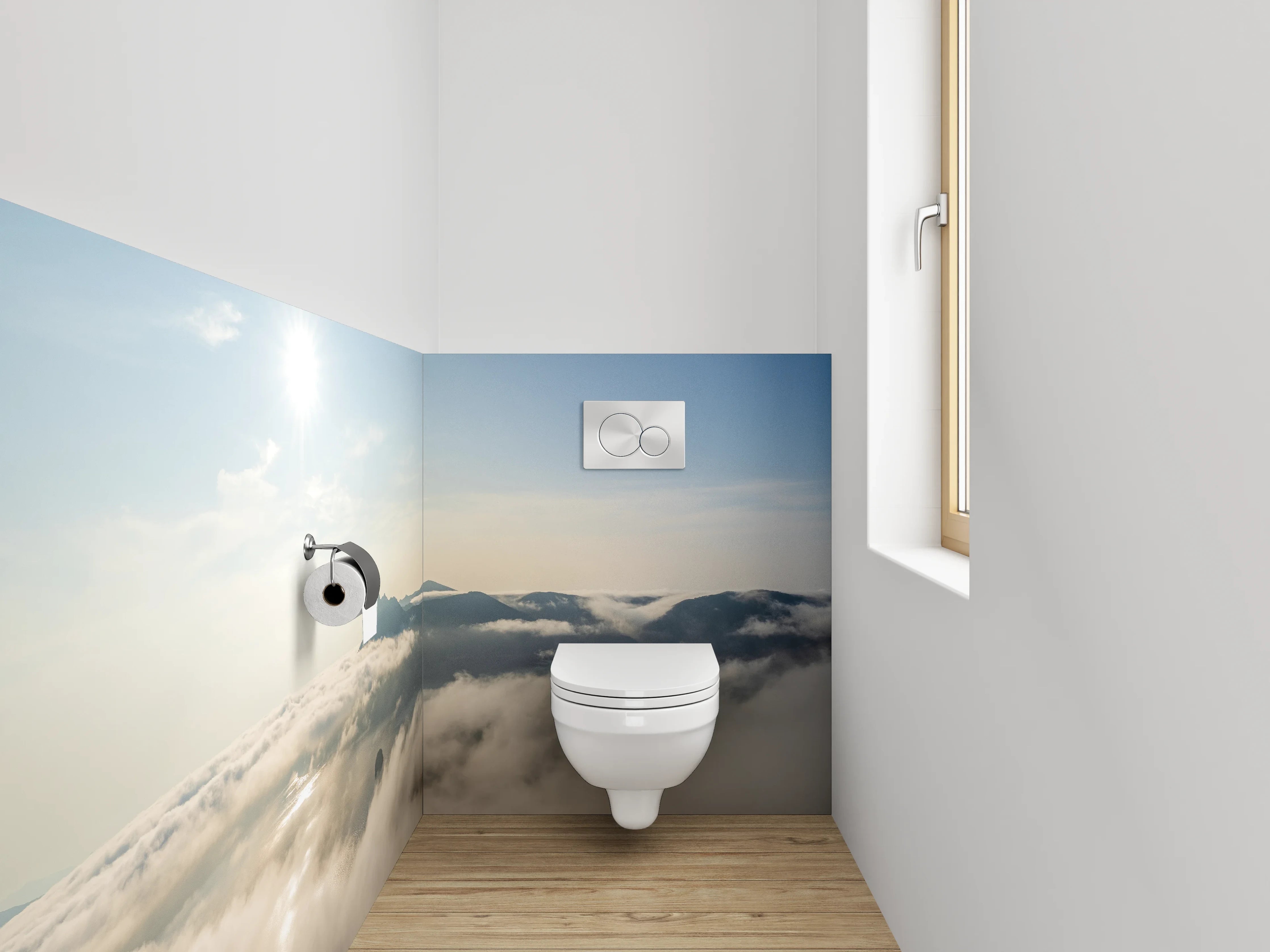 WC-Rückwand - Sonnenaufgang über nebelverhüllten Bergen