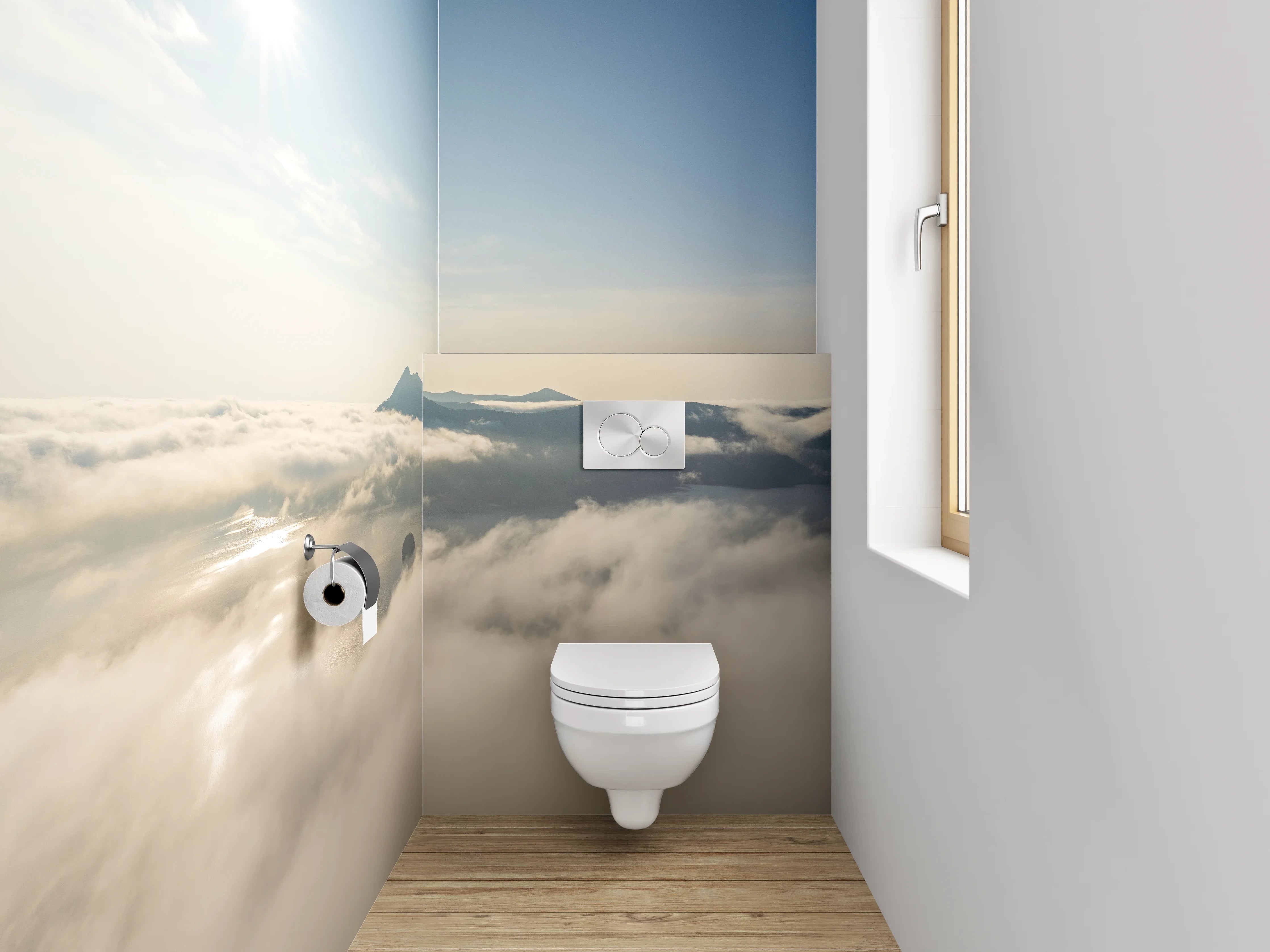 WC-Rückwand - Sonnenaufgang über nebelverhüllten Bergen