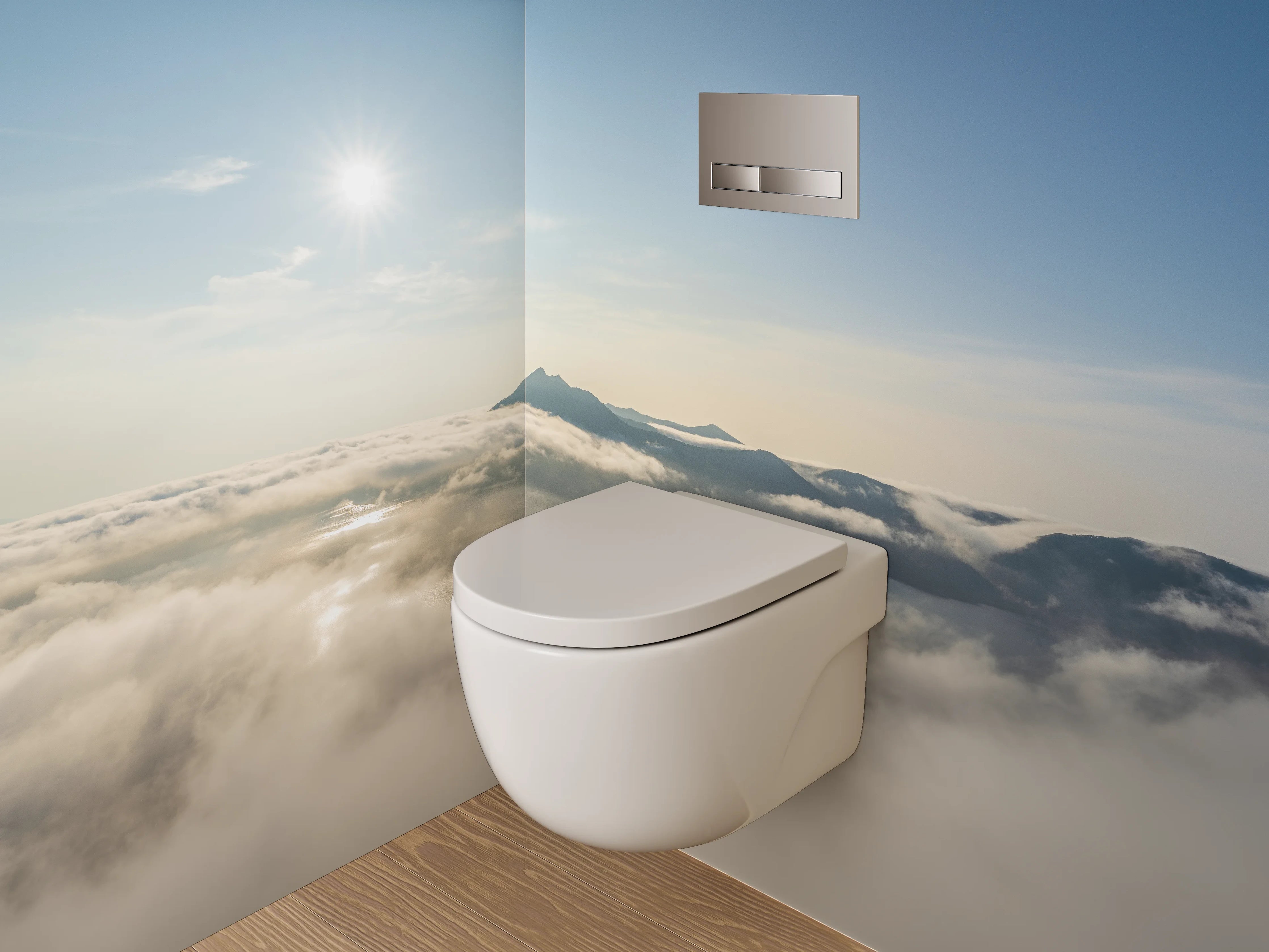 WC-Rückwand - Sonnenaufgang über nebelverhüllten Bergen
