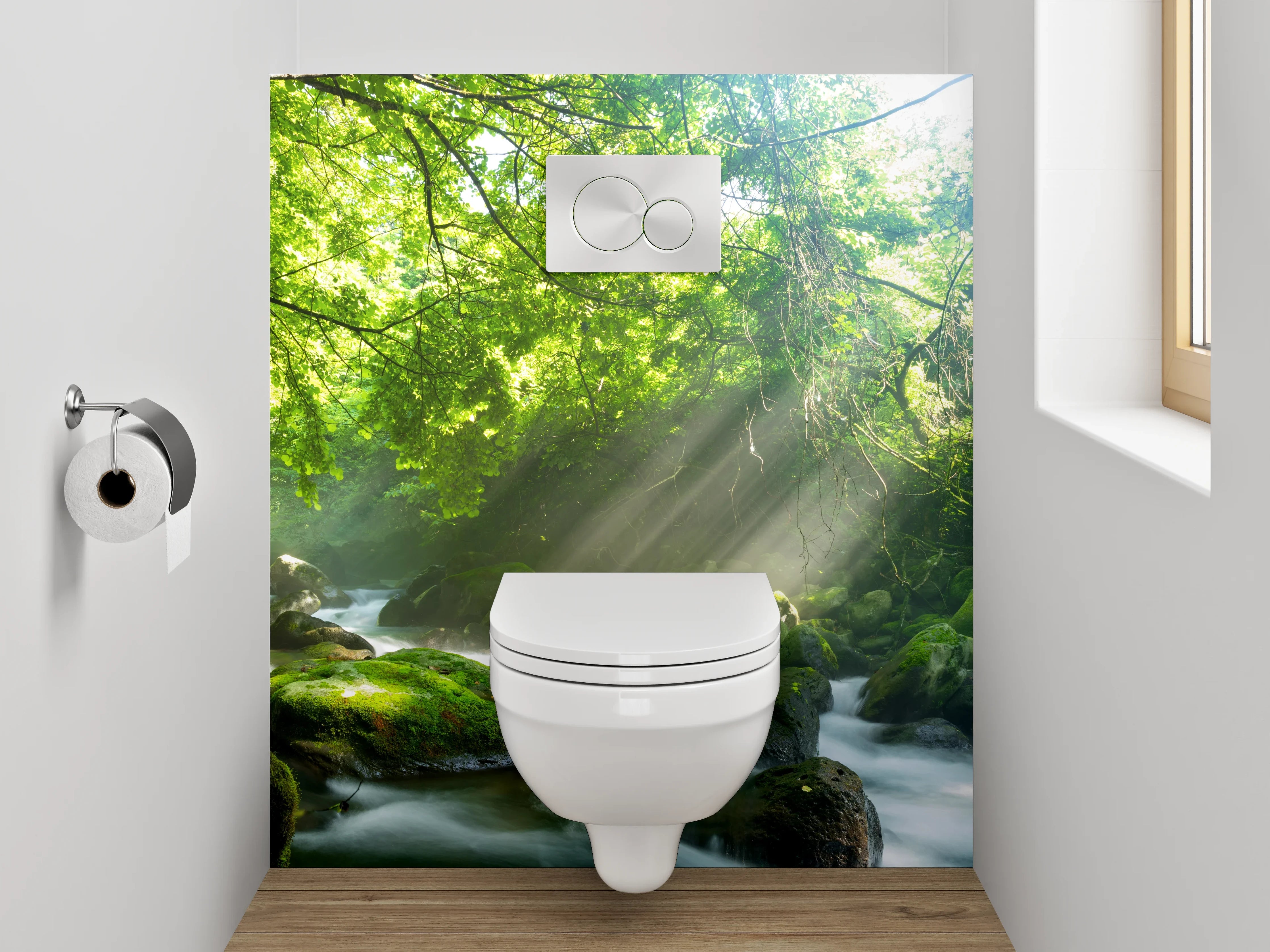 WC-Rückwand - Sonnenstrahlen im grünen Wald am Fluss