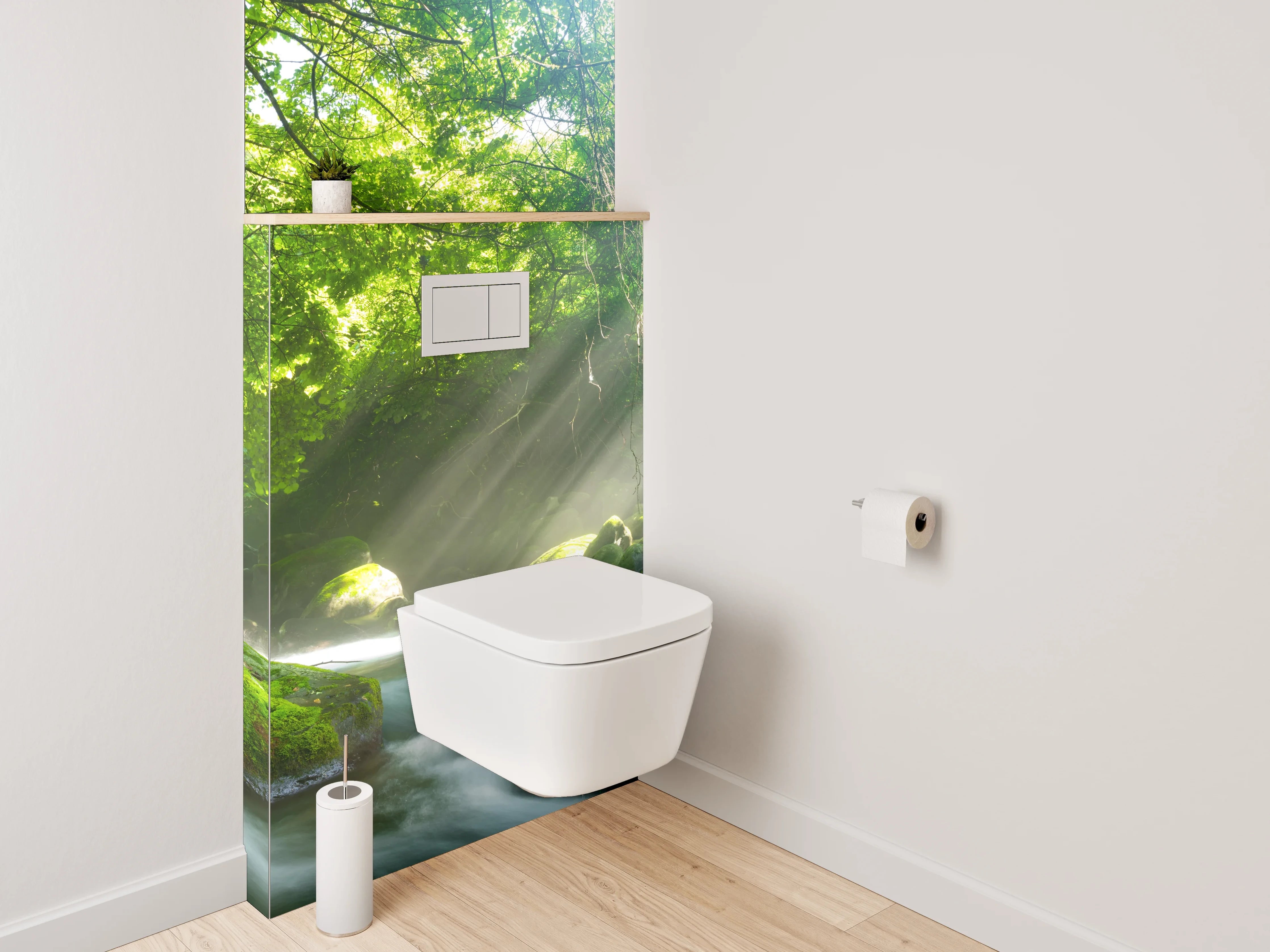 WC-Rückwand - Sonnenstrahlen im grünen Wald am Fluss