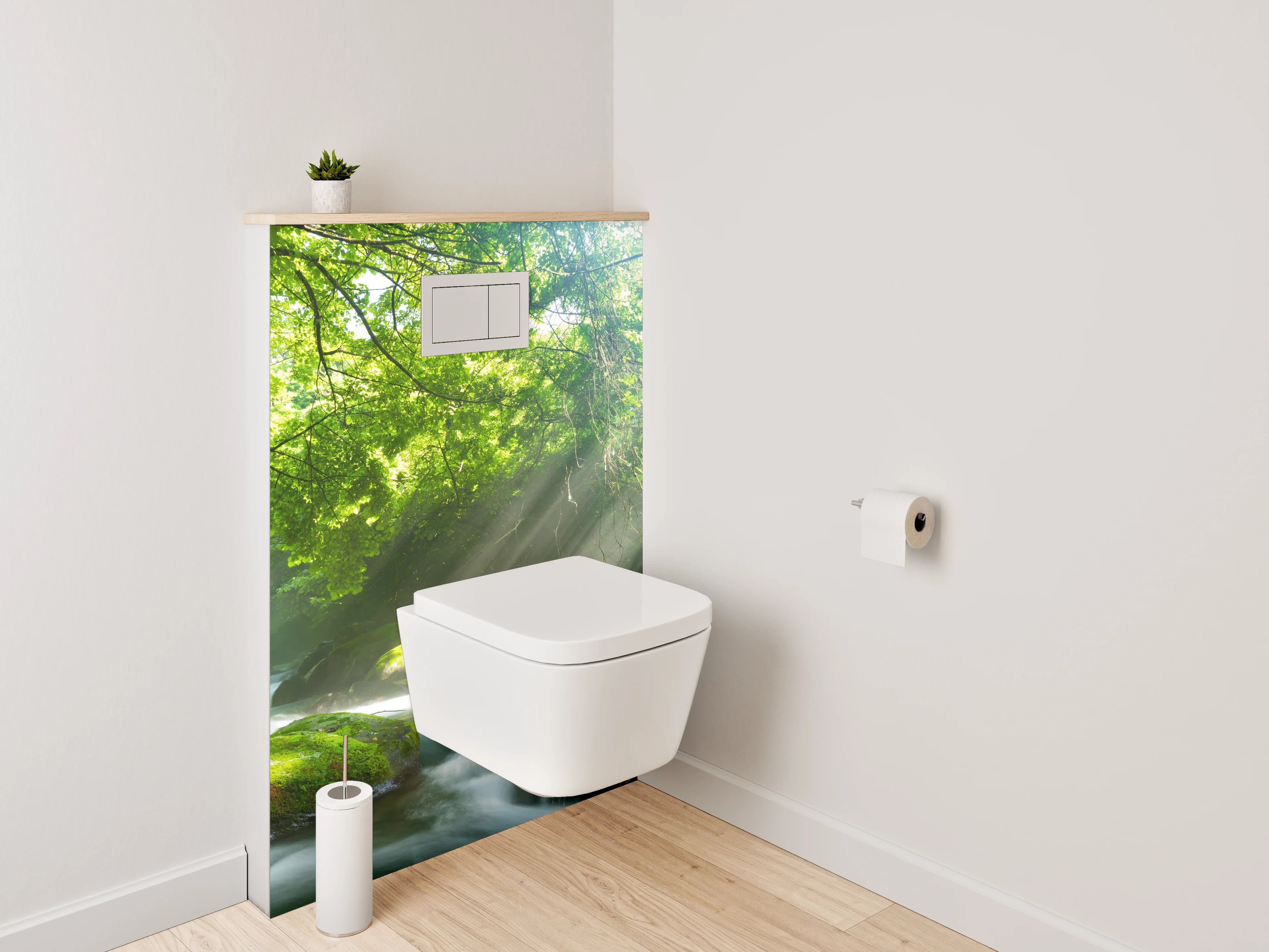 WC-Rückwand - Sonnenstrahlen im grünen Wald am Fluss