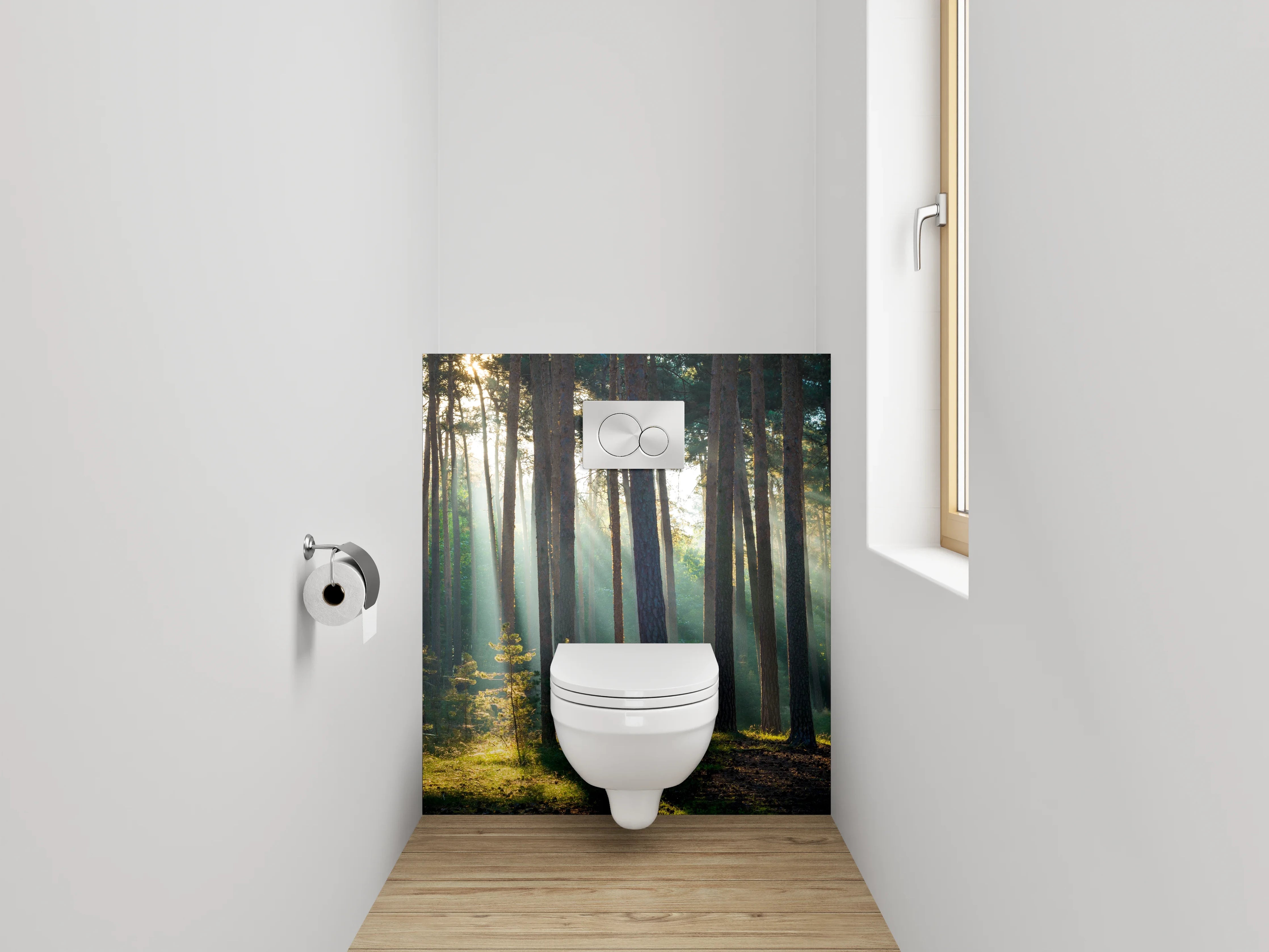 WC-Rückwand - Sonnenstrahlen im ruhigen Kiefernwald